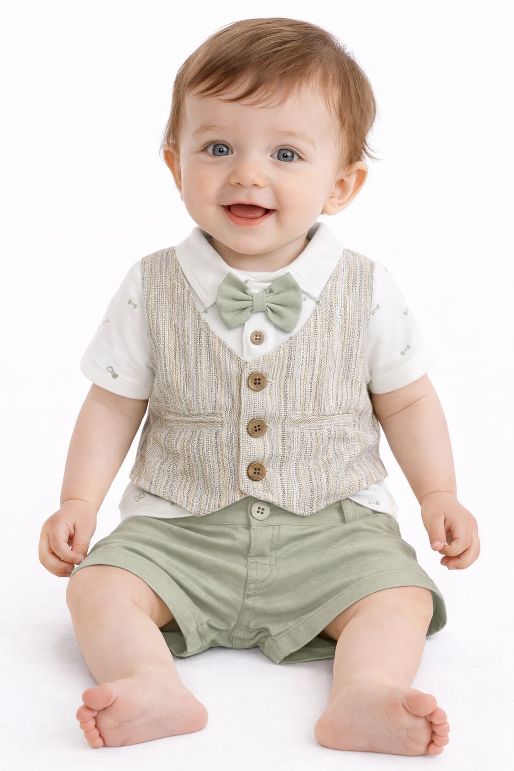 Candyhouse Boys Tshirt & Half Pant Set with attached Waistcoat & Bow - Khaki