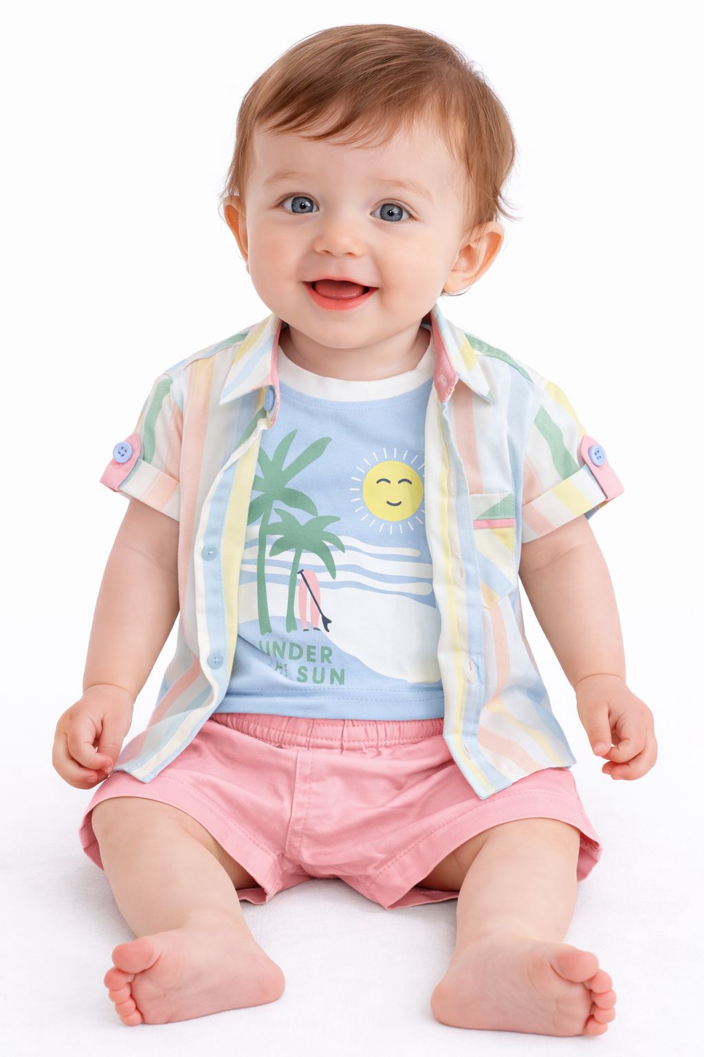 Canyhouse Boys Shirt, Tshirt and Half Pant set with Prints - Peach