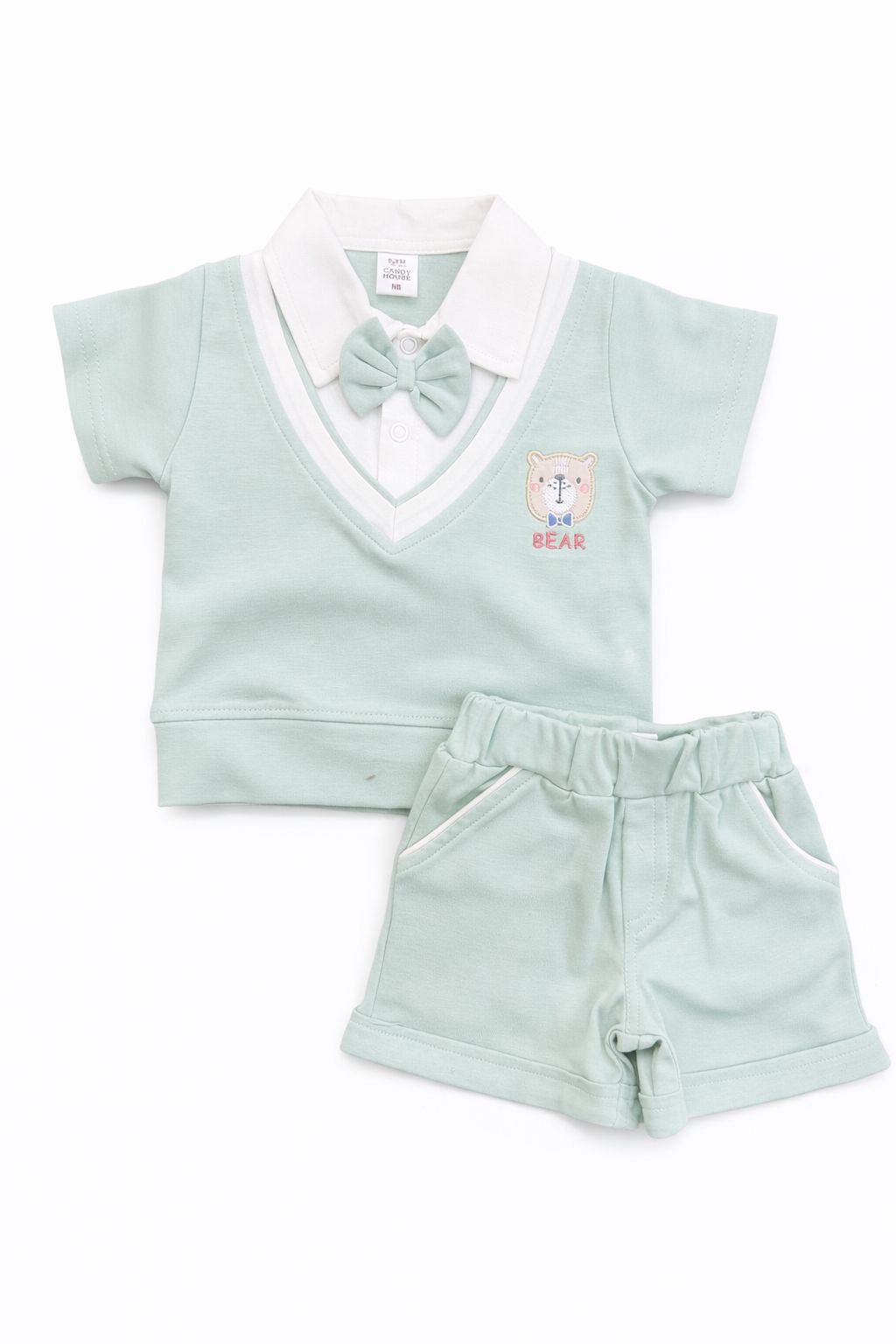 Candyhouse Boys Tshirt & Half Pant Set with attached Bow and Collor - Mint Green