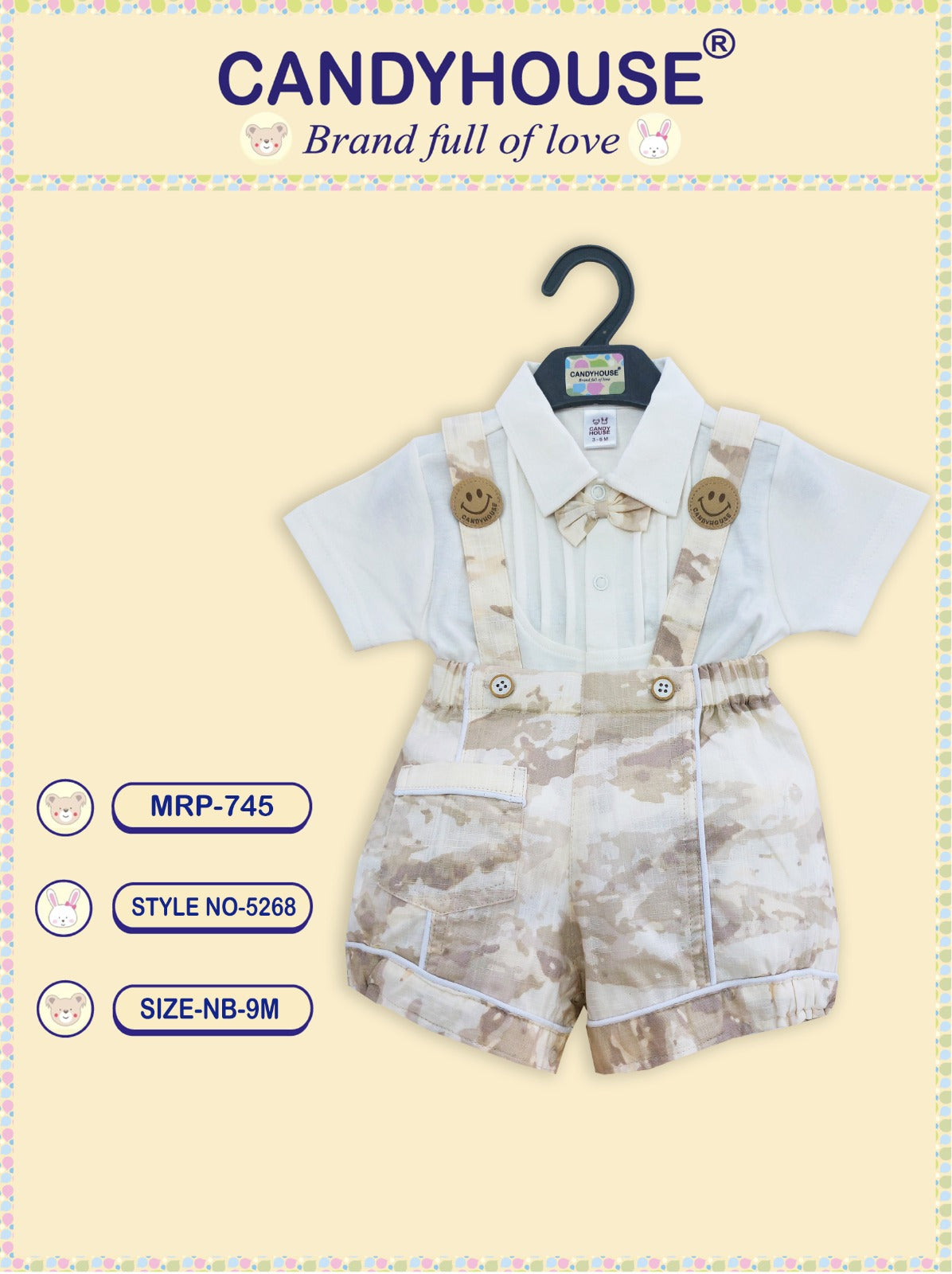 CandyHouse Cotton Woven Knitted Half Sleeves T-Shirt & Striped Bottom Set With Attached Suspender and Bow - White & Brown