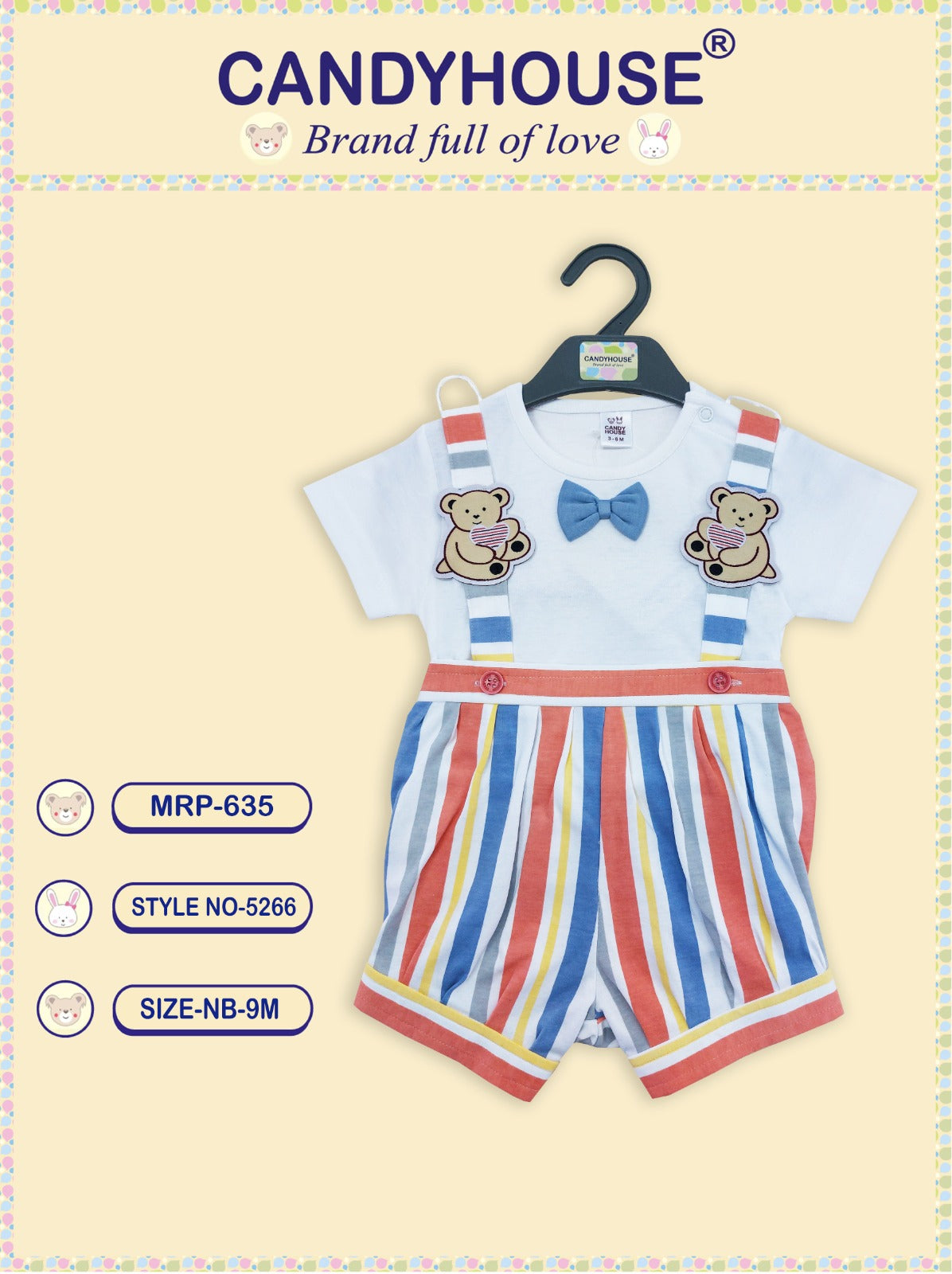 CandyHouse Cotton Interlock Half Romper Strawberry Printed and Half Sleeves Plain Inner Tee with Bow - Multi