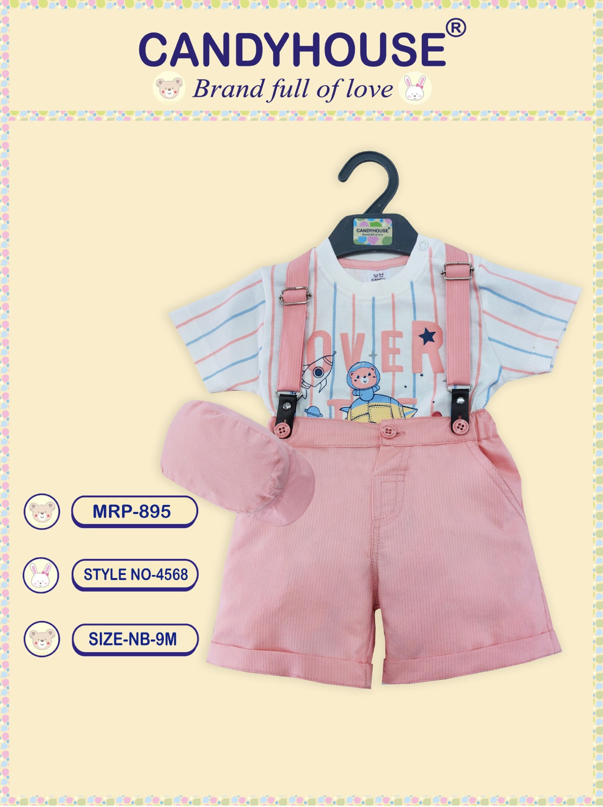 CandyHouse Cotton Knit Half Sleeves T-shirt with Print & Bottoms with Cap and Suspender Set - Peach