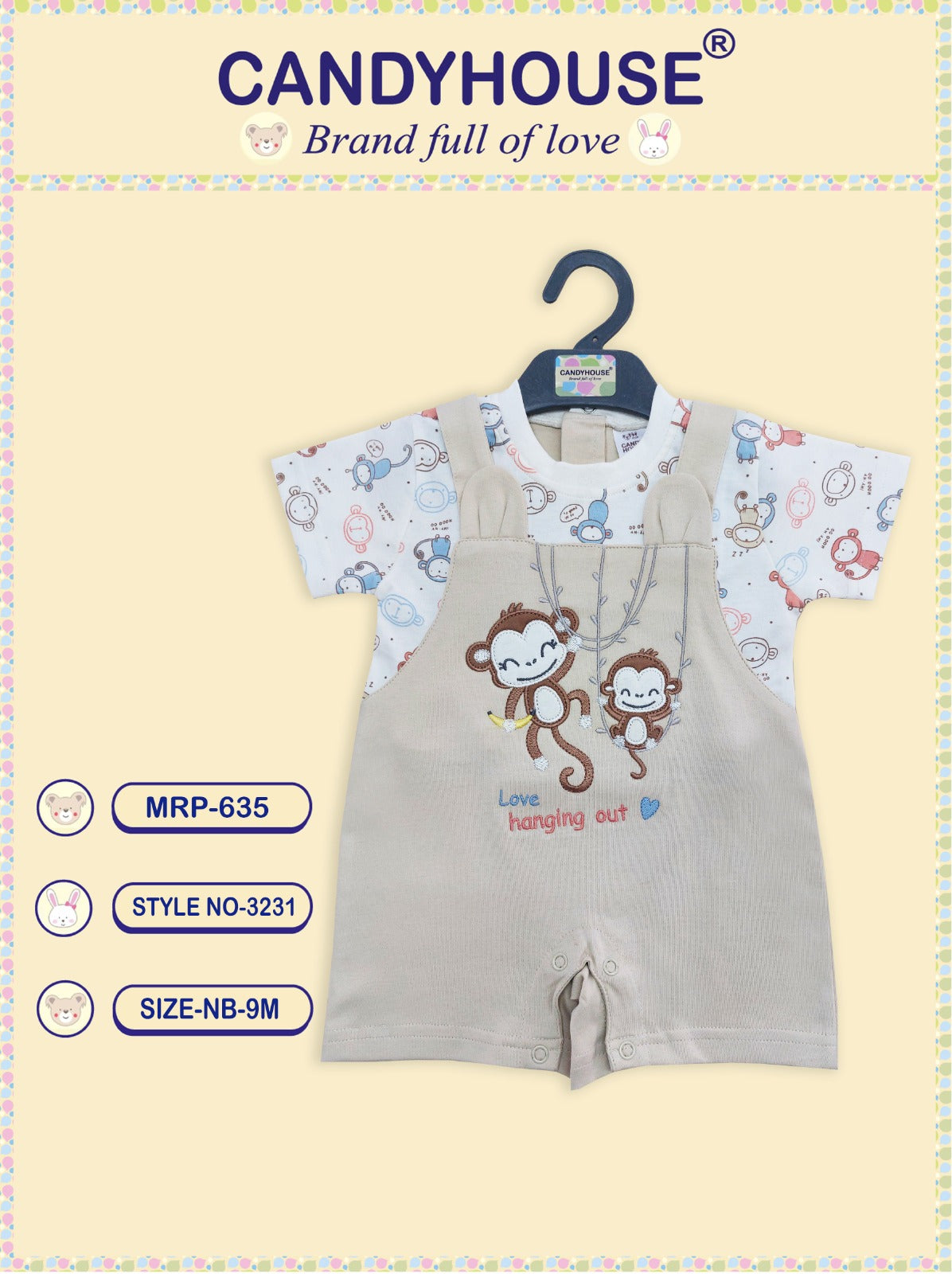 CandyHouse Cotton Interlock Dungaree with Embroidery and Half Sleeves Inner Tee Monkey Print - Beige