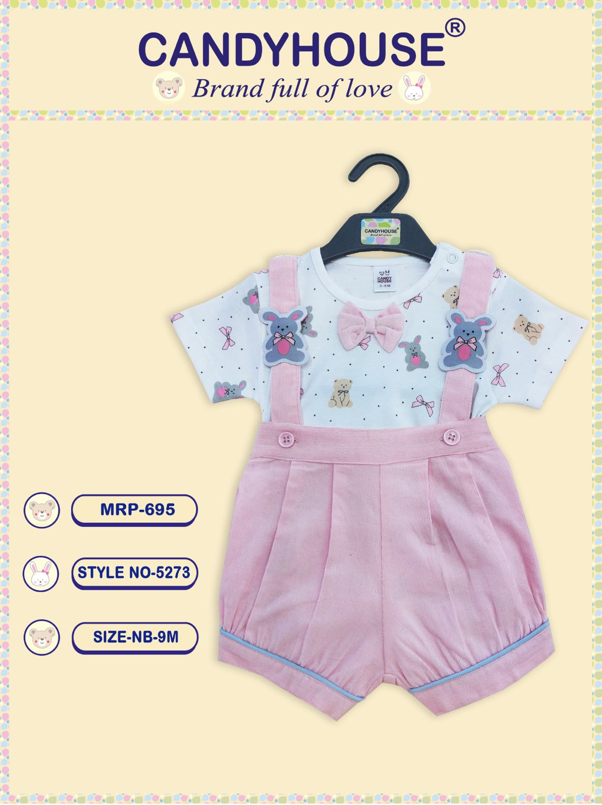 CandyHouse Corduroy Half Romper and Half Sleeves Inner Tee with Bow and all over print - Pink