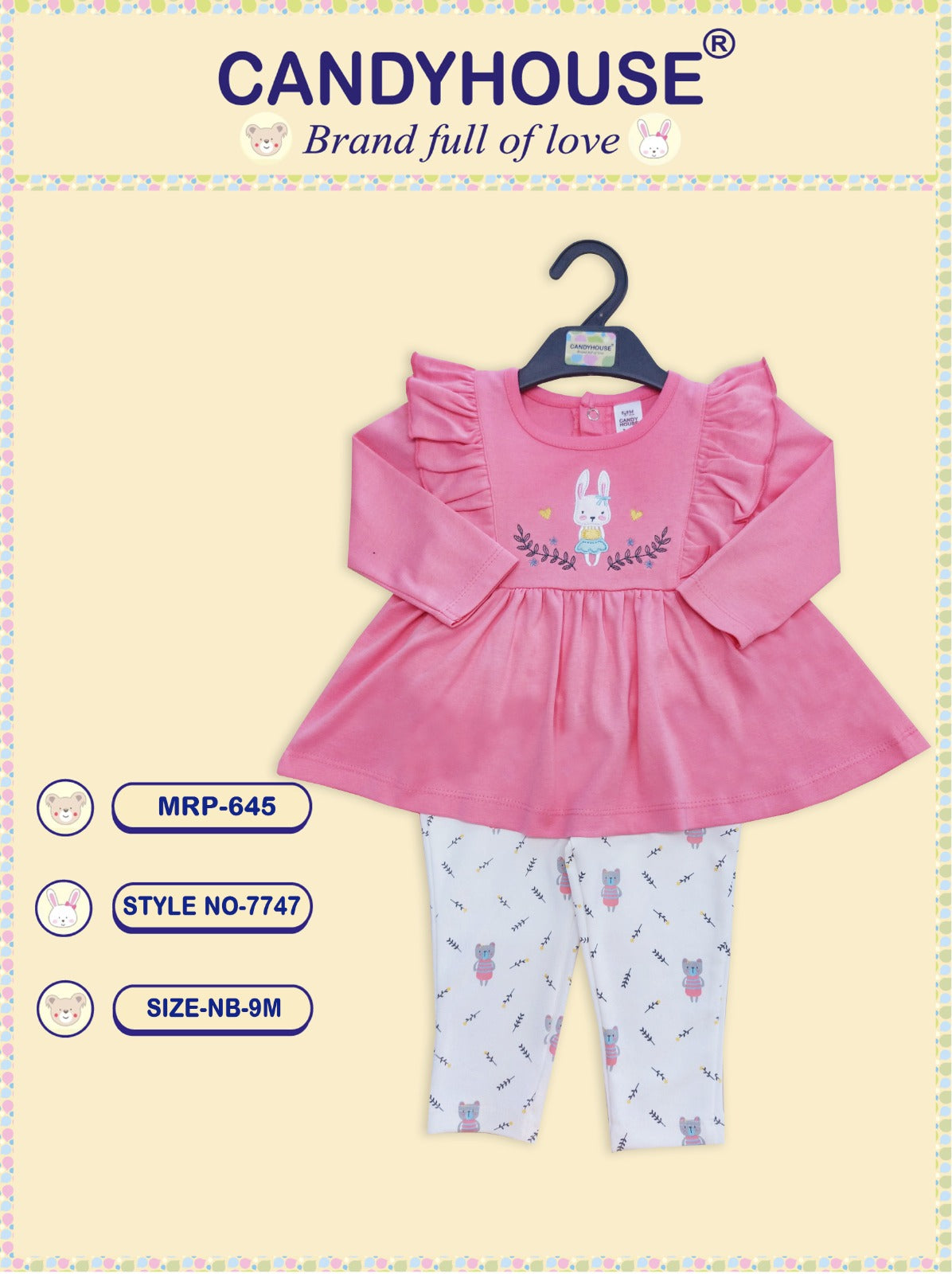 CandyHouse Cotton Knit Full Sleeves Top with Embroidery & Leggings Set - Peach