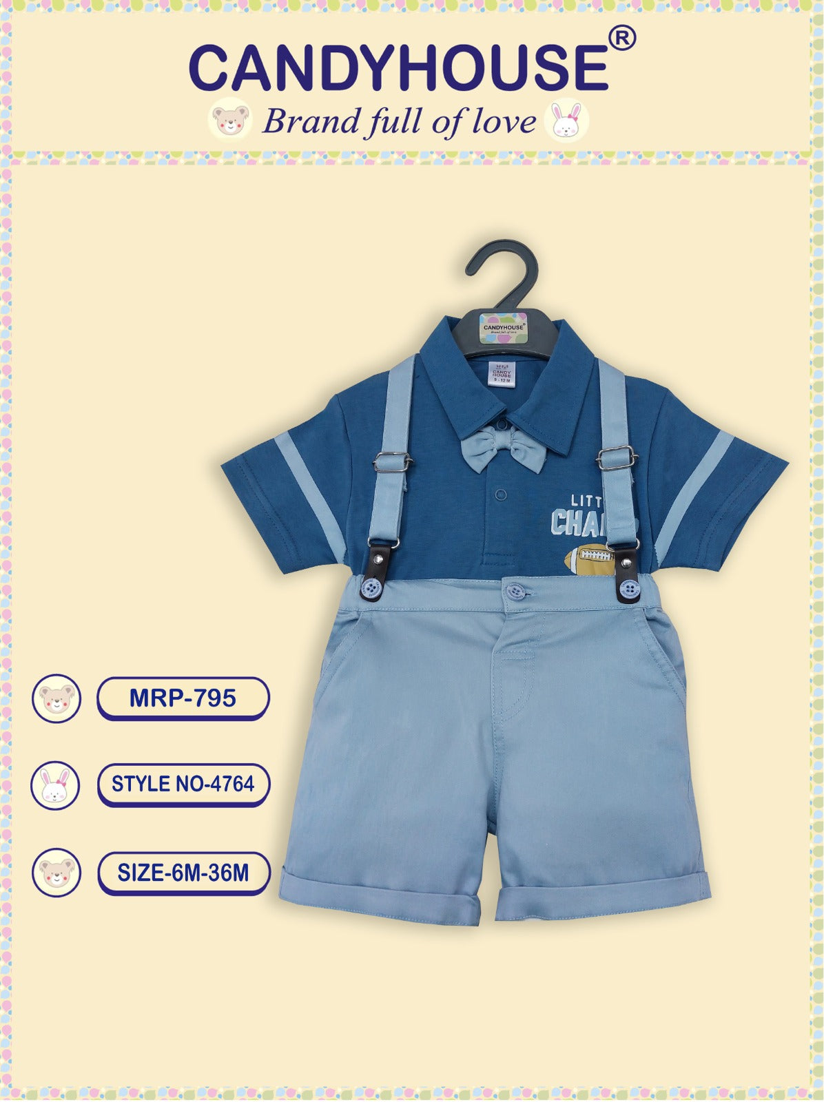 CandyHouse Woven Knitted Half Sleeves Collor T-Shirt & Short Set With Suspender and Bow - Sky Blue & Navy