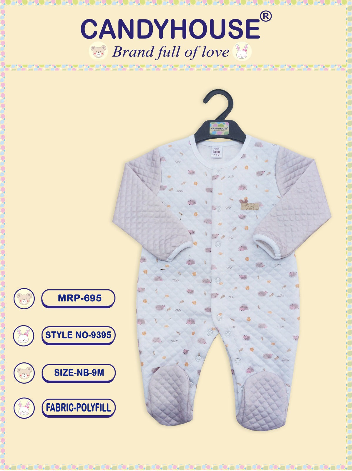 CandyHouse Full Sleeves Front Open Winter Wear Polyfill Romper with all over Print - White