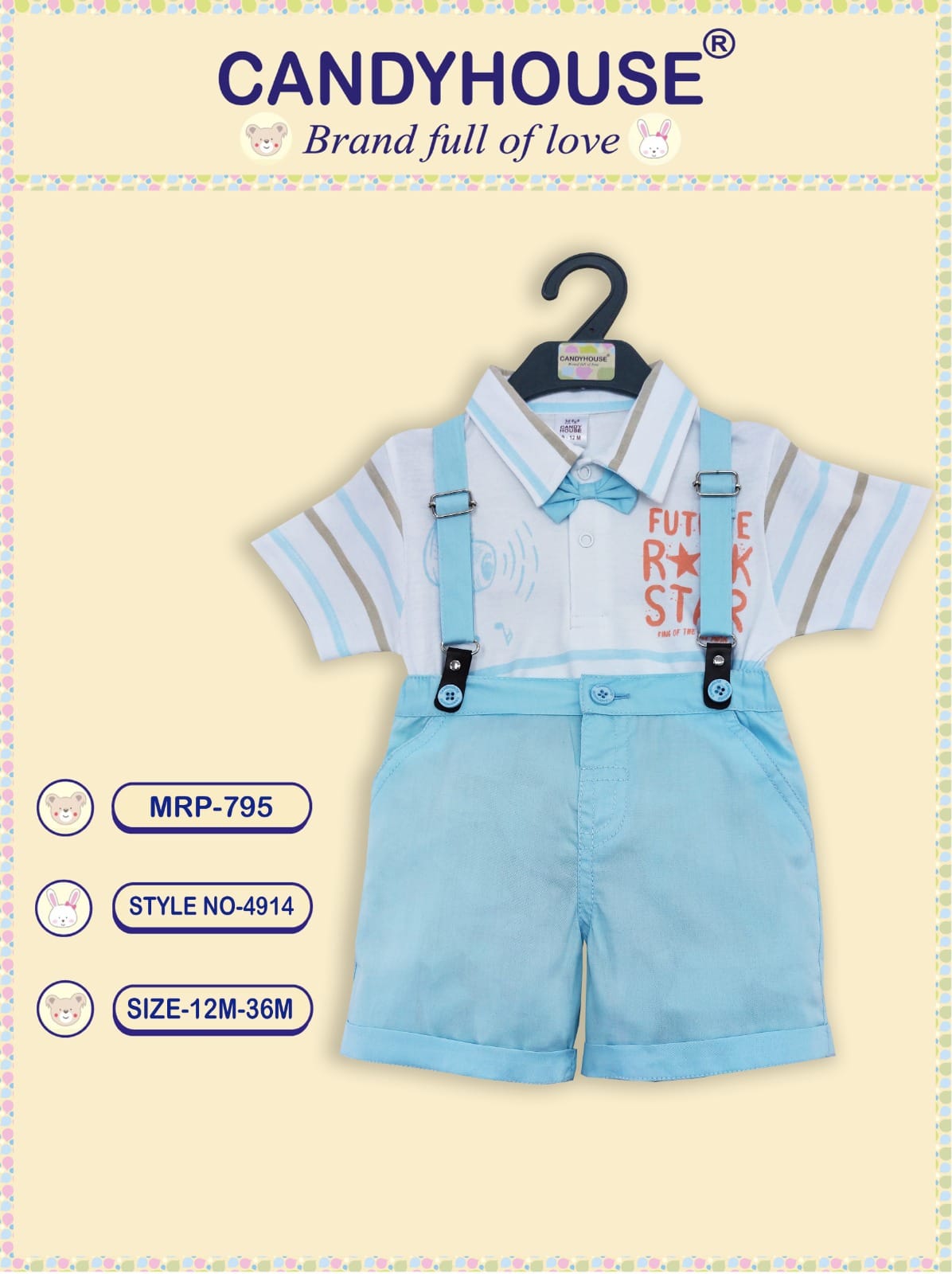 CandyHouse Woven Knitted Half Sleeves Collor T-Shirt & Short Set With Suspender and Bow -Sky Blue