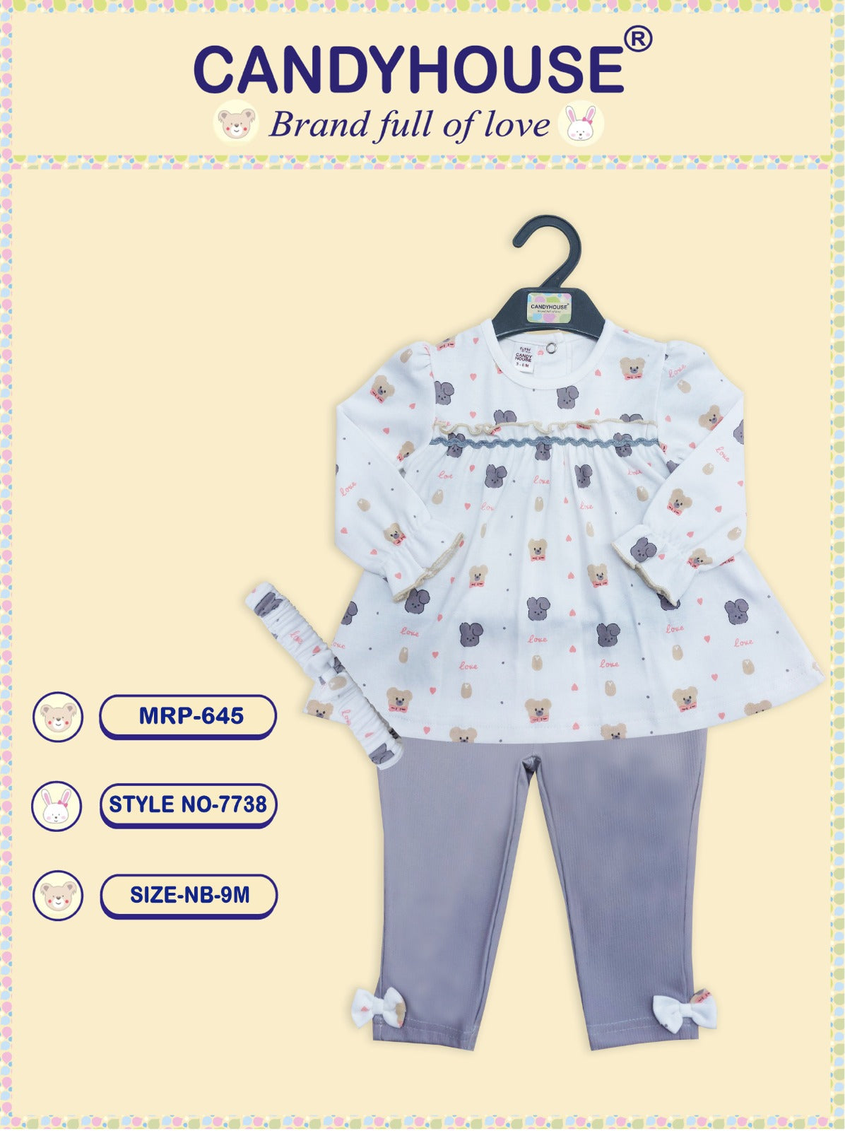 CandyHouse Interlock Knit Full Sleeves Floral Printed Top & Pant Set with Headband - Grey