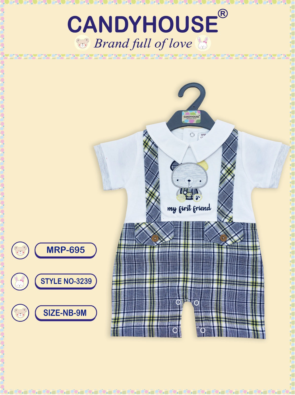 CandyHouse Cotton Knit Half Sleeves Printed Half Romper with Embroidery - White