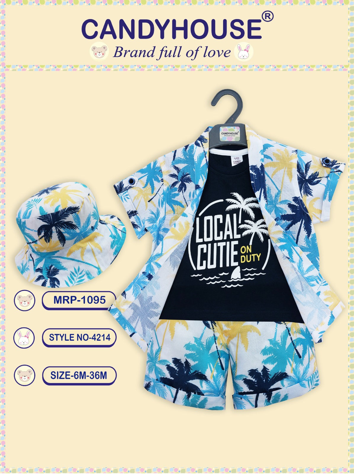 CandyHouse 100% Cotton Knit Half Sleeves Shirt, Sleeveless Knitted T-shirt & Shorts Set Floral With Cap - Blue