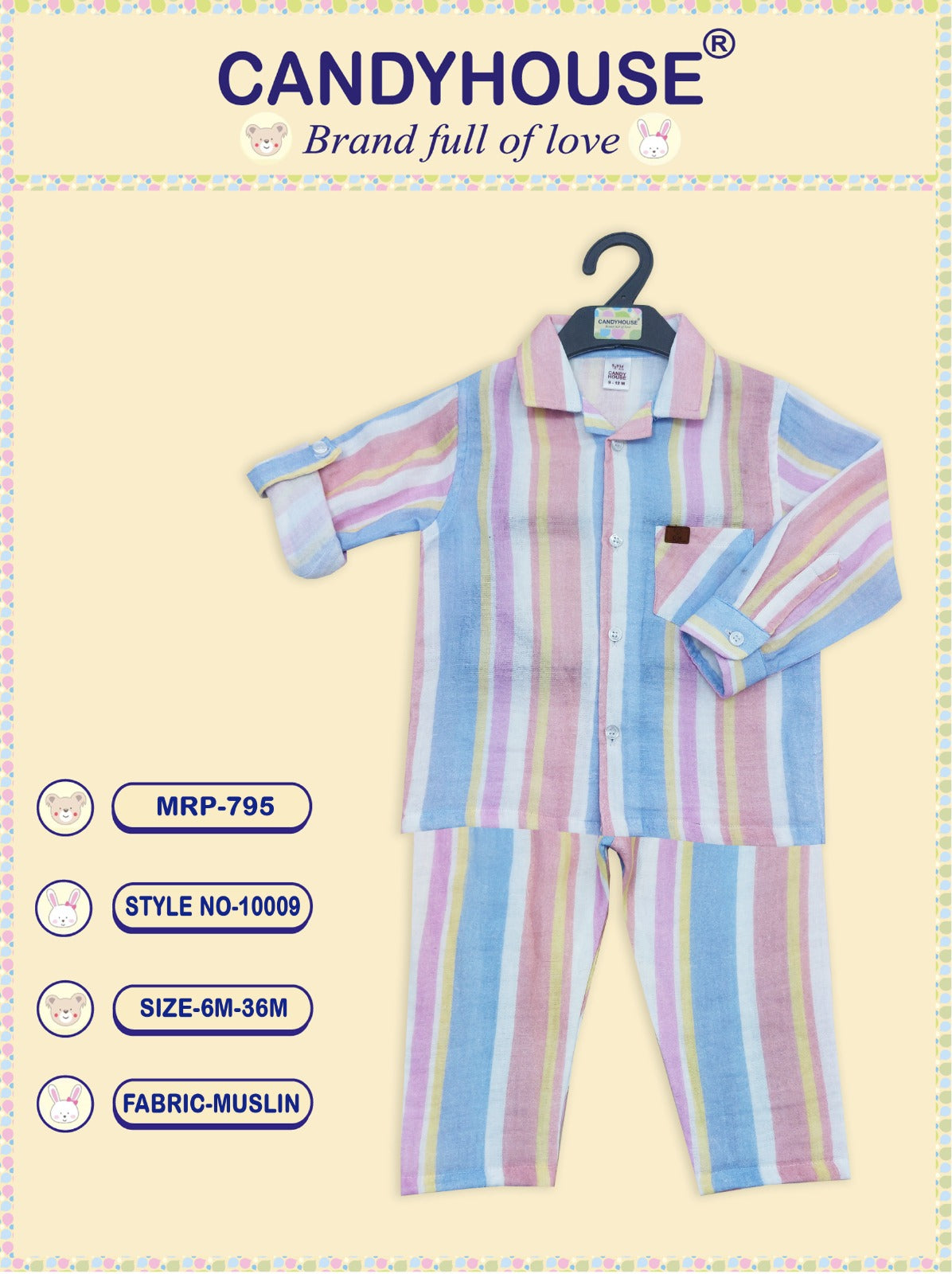 CandyHouse Cotton Muslin Striped Shirt with Pocket & Trouser Pant Set - Multi Colour