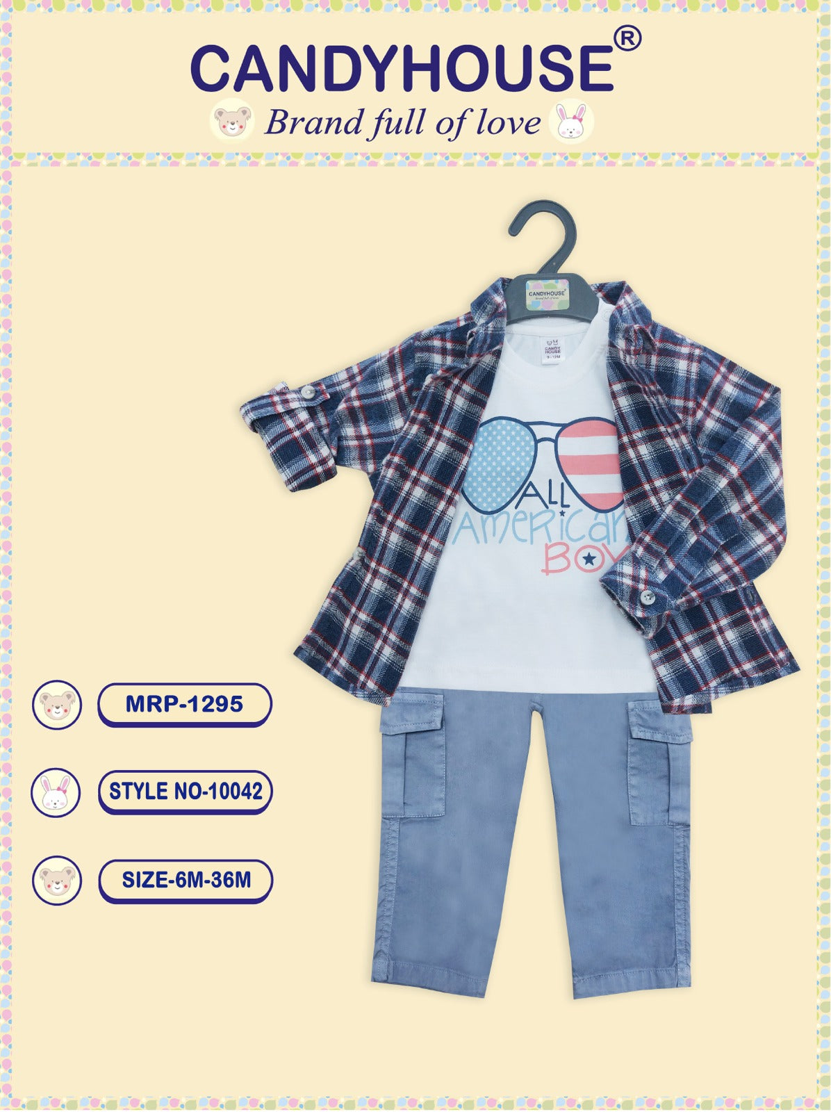 CandyHouse Interlock Knit Half Sleeves T-Shirt & Pant with pockets Set with Checked Shirt - Grey