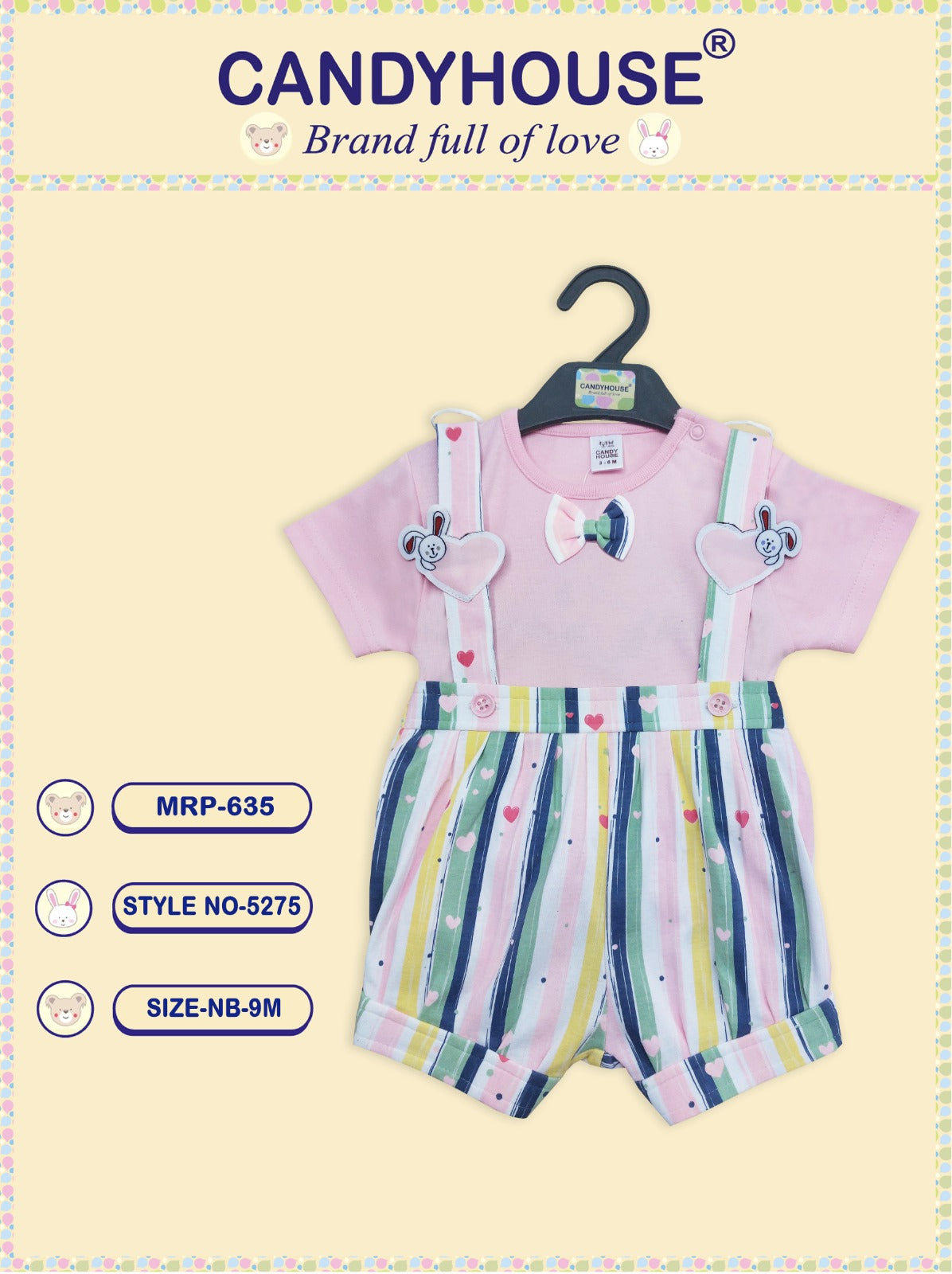 CandyHouse Cotton Interlock Half Romper Printed and Half Sleeves Plain Inner Tee with Bow - Pink