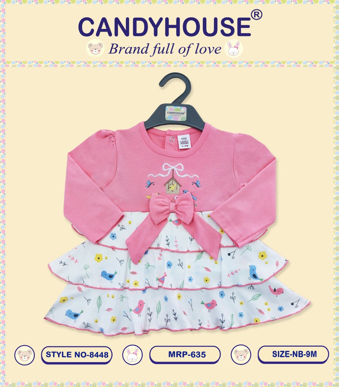 CandyHouse Cotton Knit Full Sleeves Frock with Floral Print & Embroidery - Peach