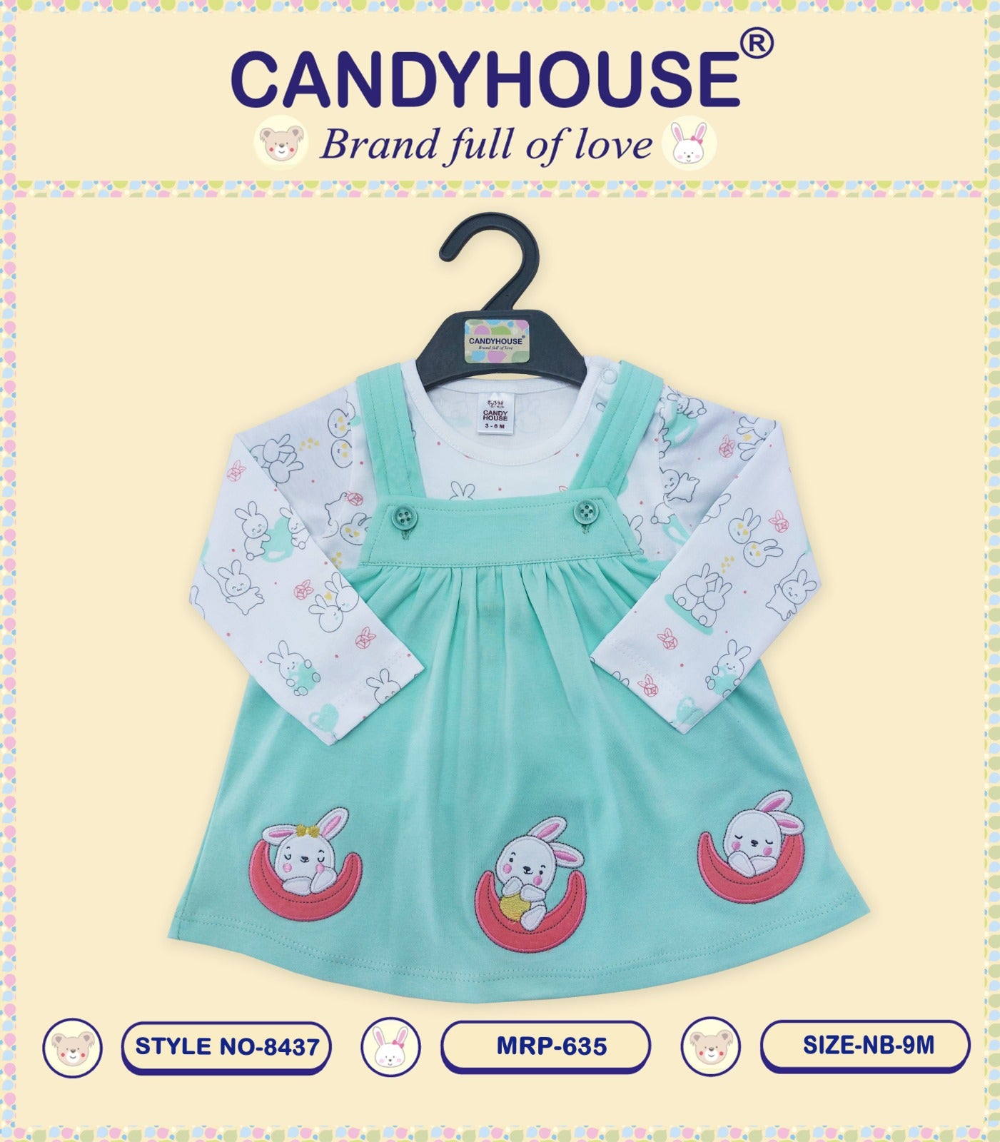 CandyHouse Knitted Frock With Floral Printed Full Sleeves Inner Tee - Sky Blue & White