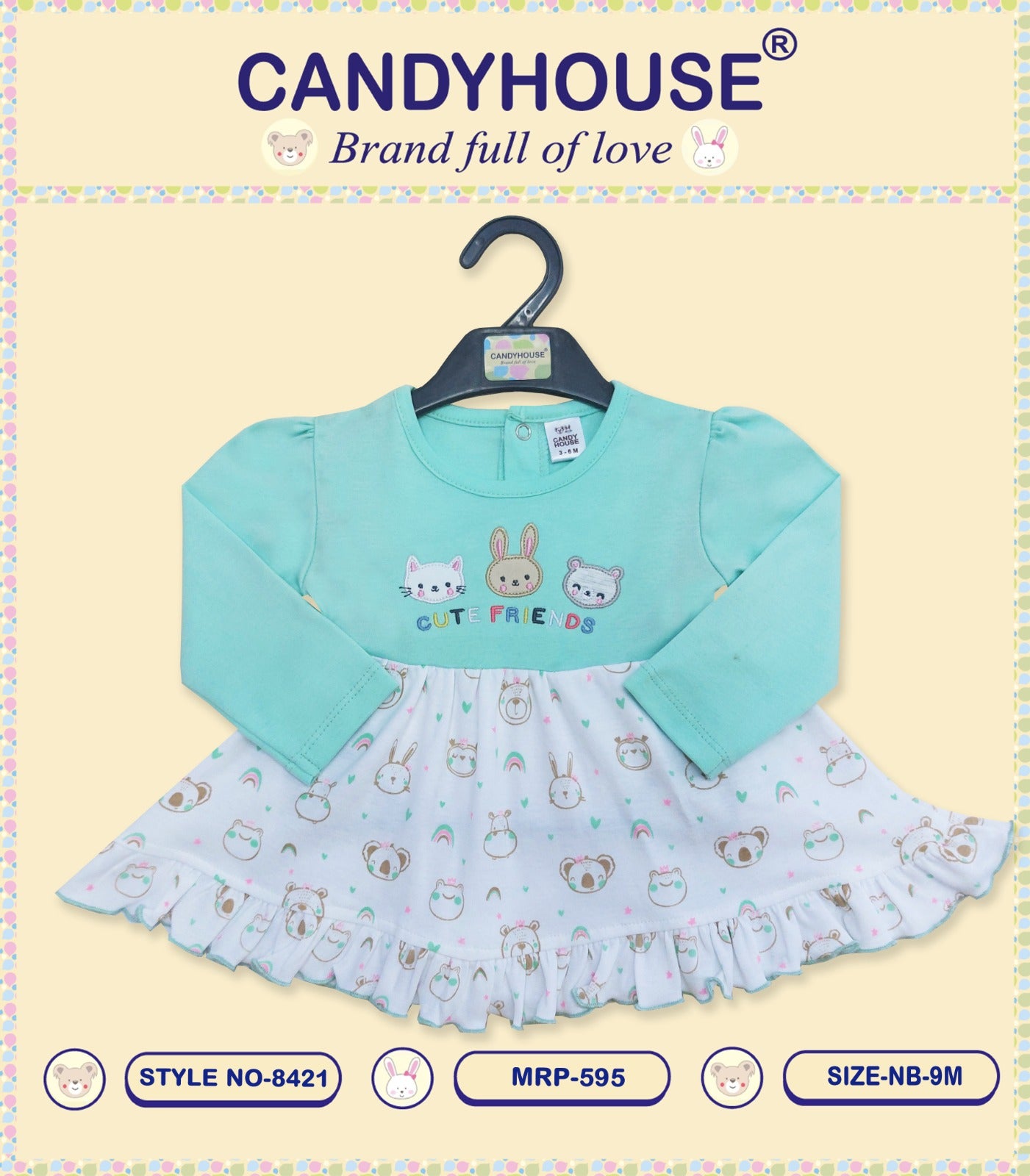 CandyHouse Cotton Knit Full Sleeves Frock with all over Prints & Teddy Embroidery - Pista