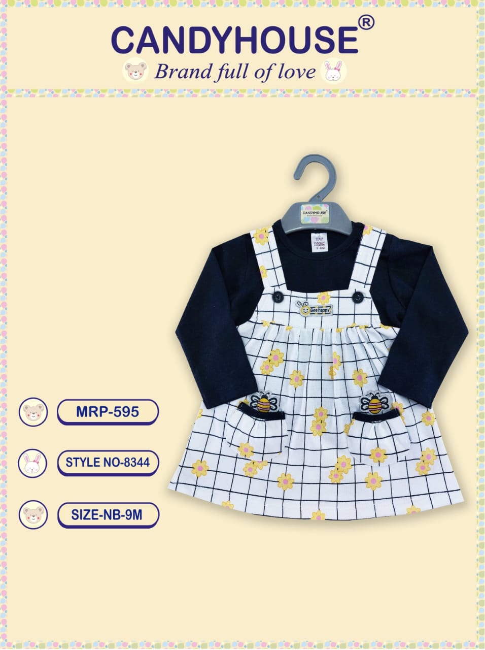 CandyHouse Interlock Knitted Frock With Print & Full Sleeves Inner Tee - White & Dark Navy