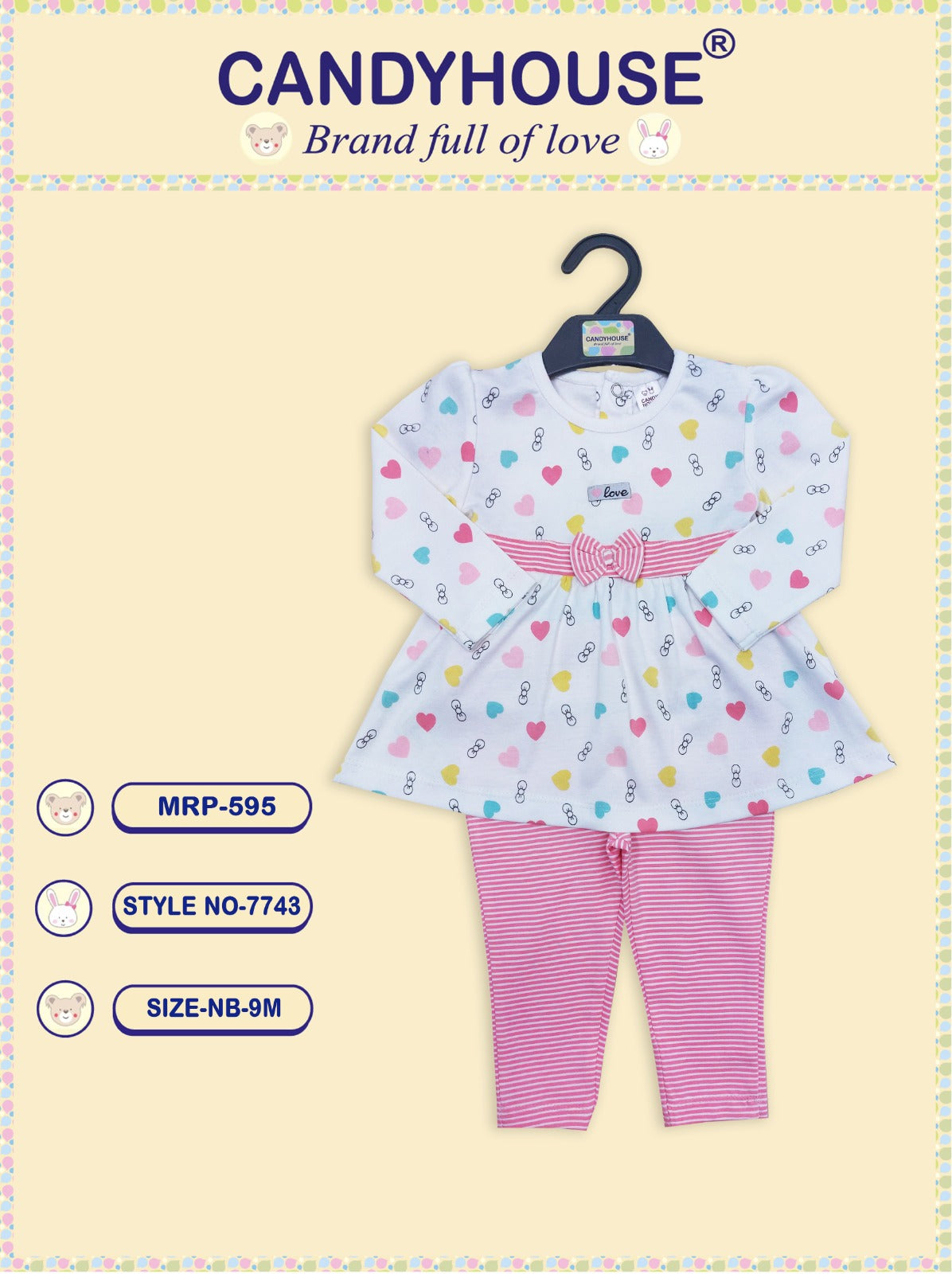 CandyHouse Cotton Knit Full Sleeves Heart Print Top & Leggings Set - Pink