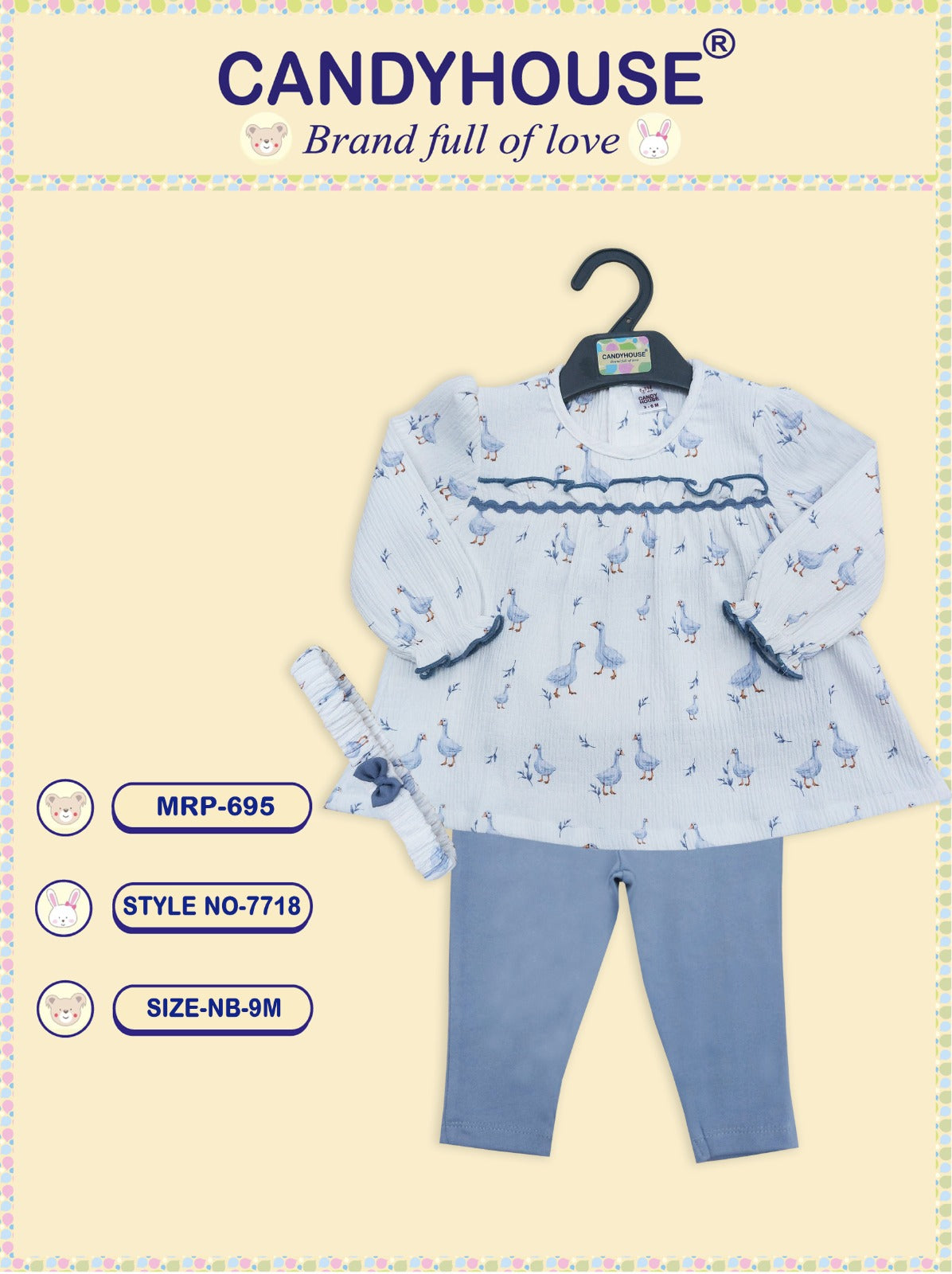 CandyHouse 100% Cotton Woven Printed Full Sleeves Bird Print Top & Pant Set with Headband - Sky Blue