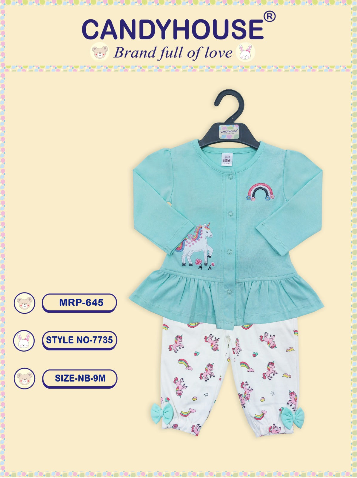 CandyHouse Cotton Knit Full Sleeves Floral Print Top with attached Bow & Leggings Set - Blue & White