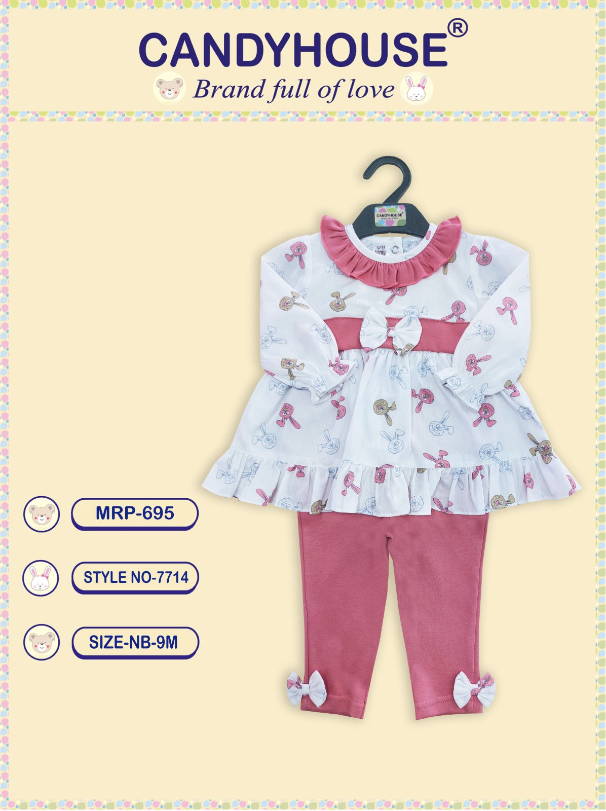CandyHouse Cotton Knit Full Sleeves Floral Print Top with attached Bow & Leggings Set - Onion