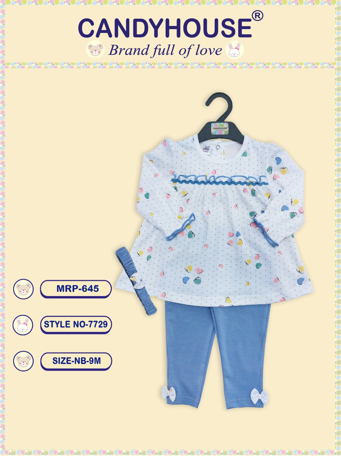 CandyHouse Interlock Knit Full Sleeves Floral Printed Top & Pant Set with Headband - Blue