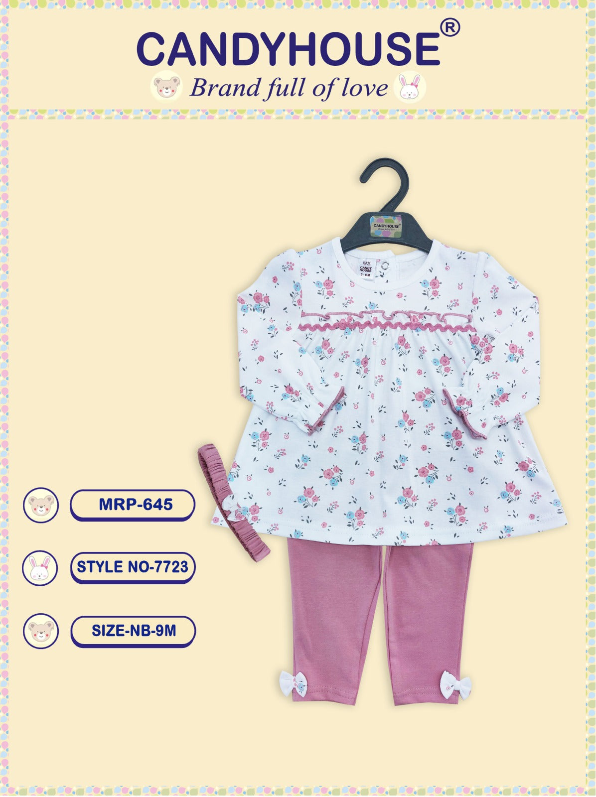 CandyHouse Interlock Knit Full Sleeves Floral Printed Top & Pant Set with Headband - Onion