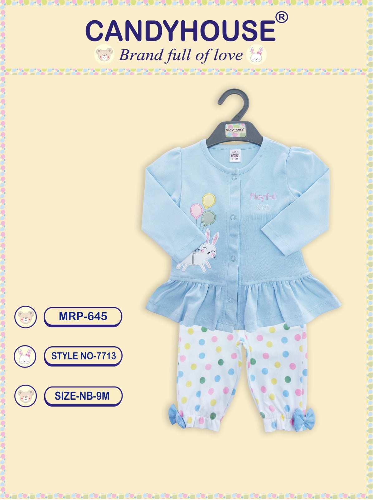 CandyHouse Cotton Knit Full Sleeves Floral Print Top with attached Bow & Leggings Set - Sky Blue & White