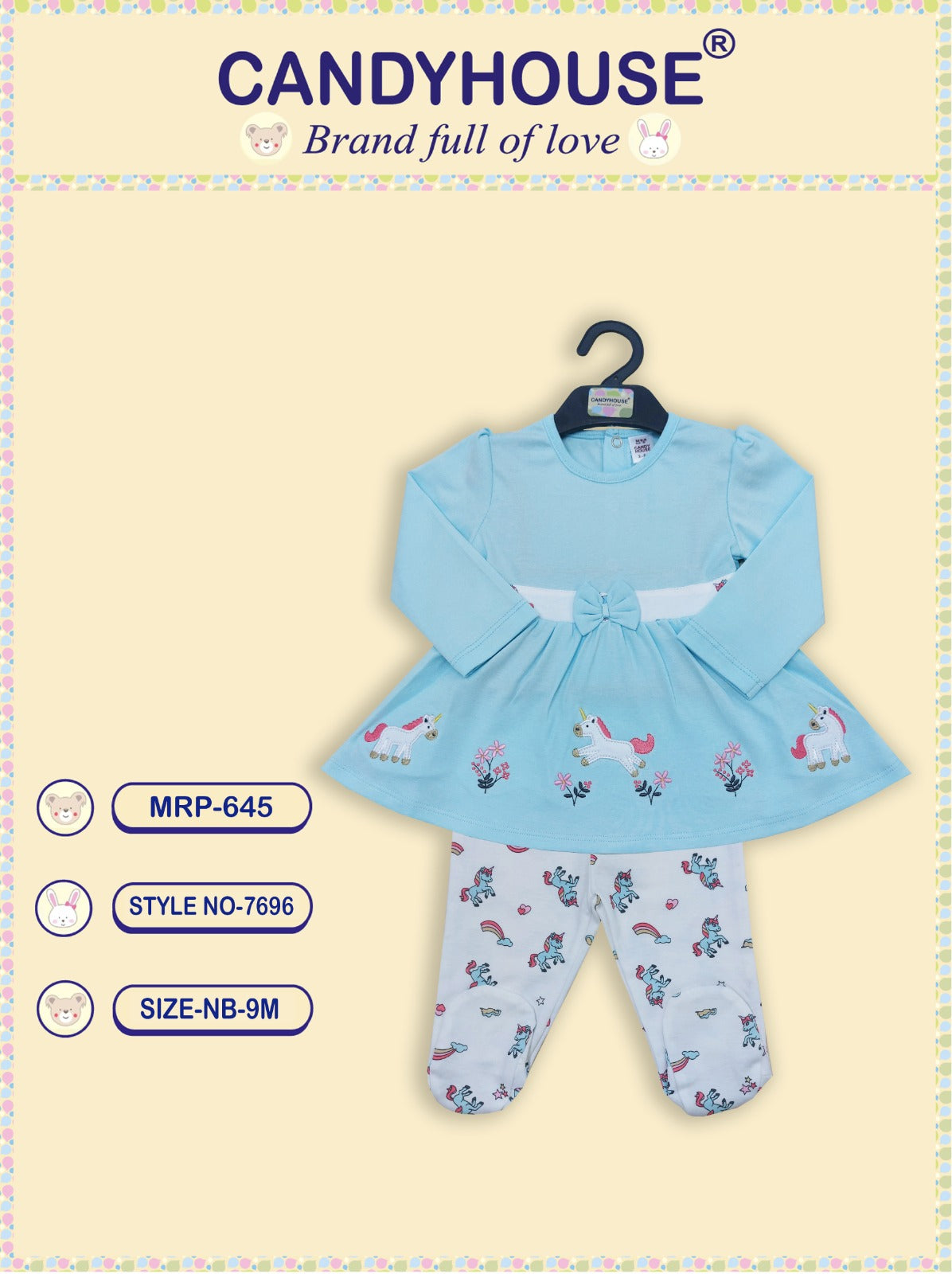 CandyHouse Cotton Knit Full Sleeves Top & Leggings Set with covered socks - Blue & White