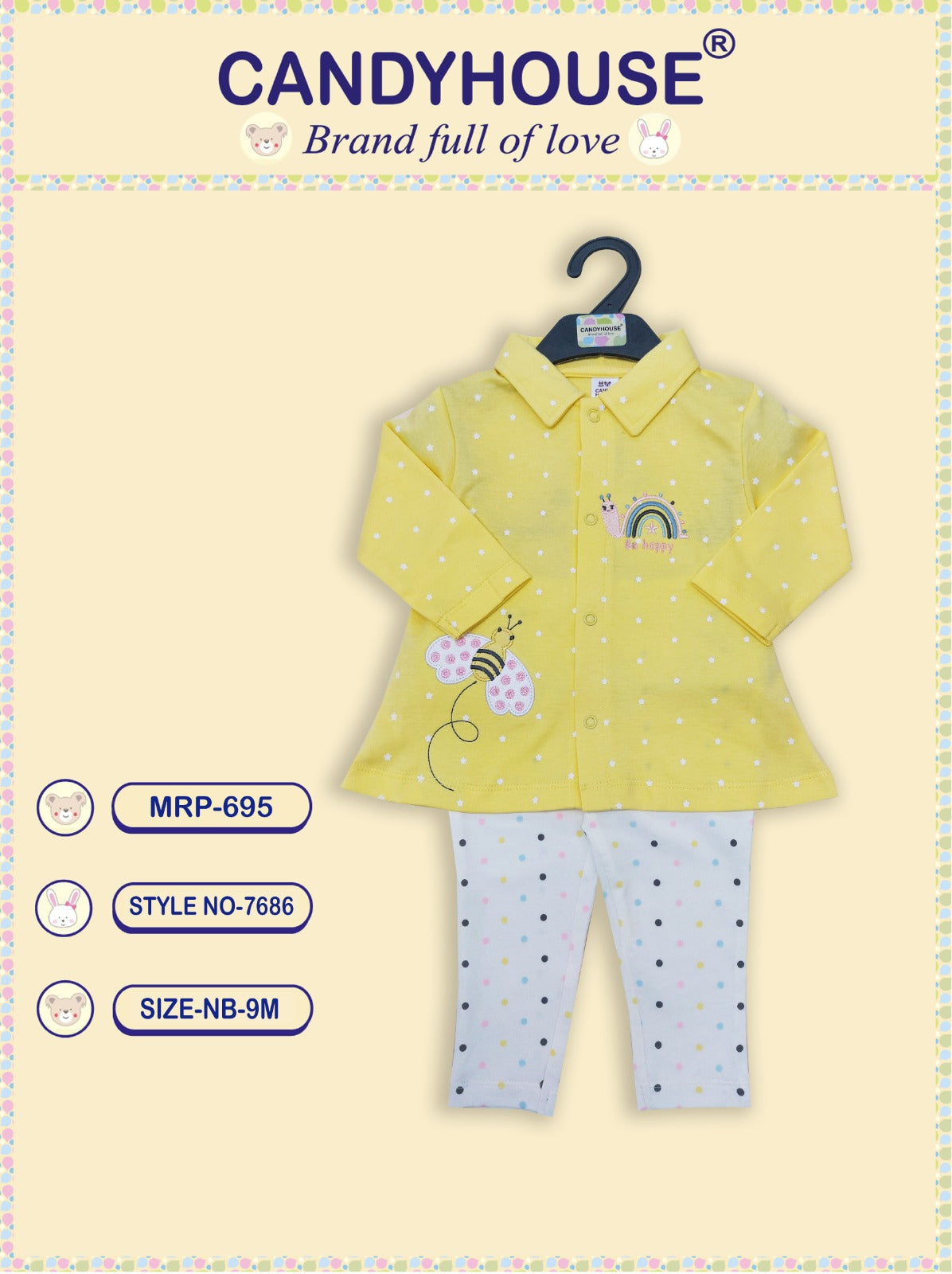 CandyHouse Cotton Knit Full Sleeves Front Open Collored Top & Leggings Set - Yellow & White