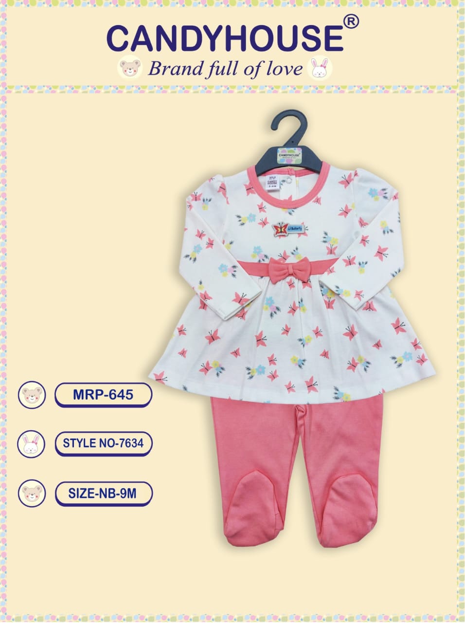 CandyHouse Cotton Knit Full Sleeves Top & Leggings Set with covered socks - Peach