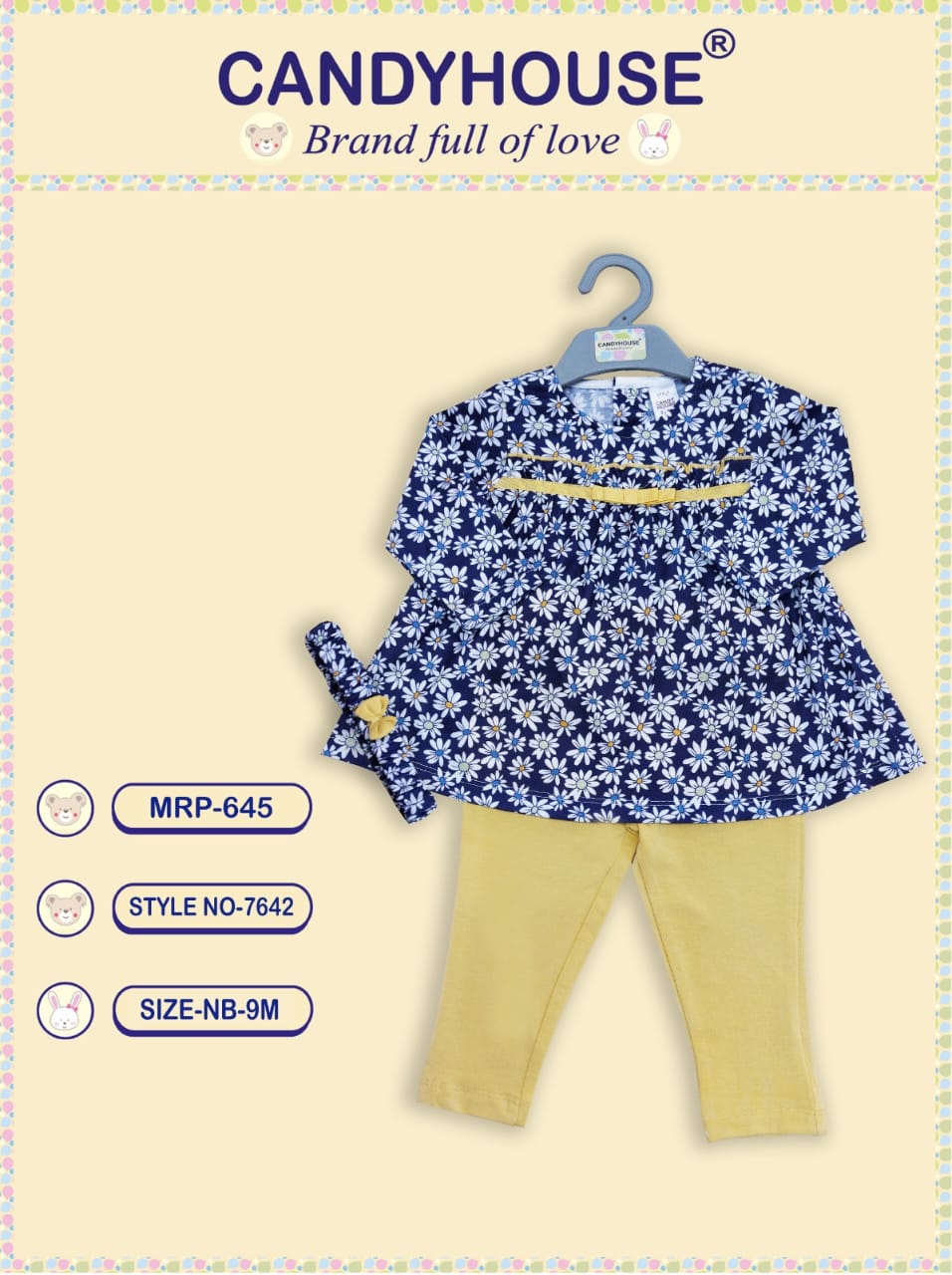 CandyHouse Interlock Knit Full Sleeves Floral Printed Top & Pant Set with Headband - Yellow & Blue