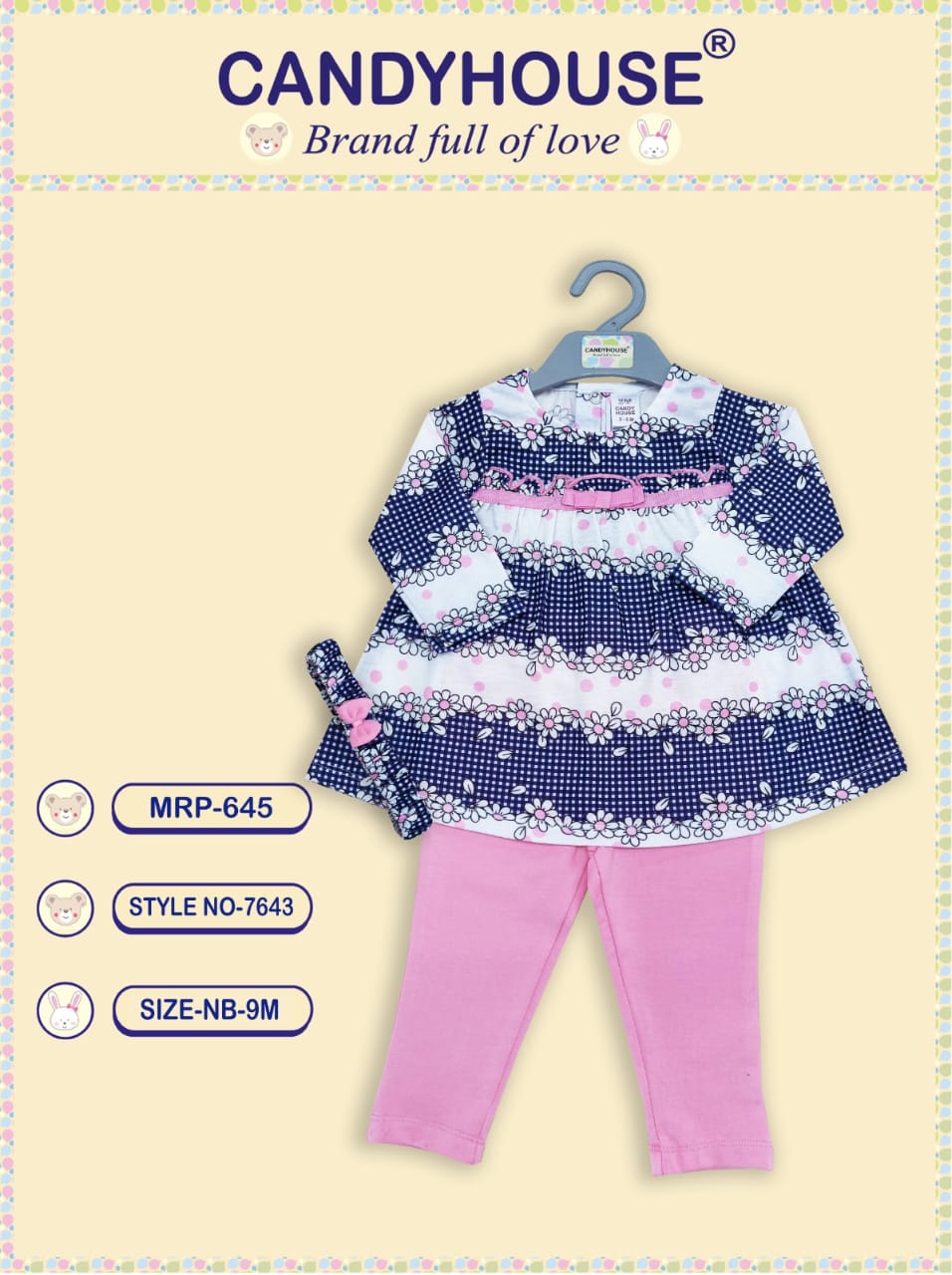 CandyHouse Interlock Knit Full Sleeves Floral Printed Top & Pant Set with Headband - Pink & Dark Blue