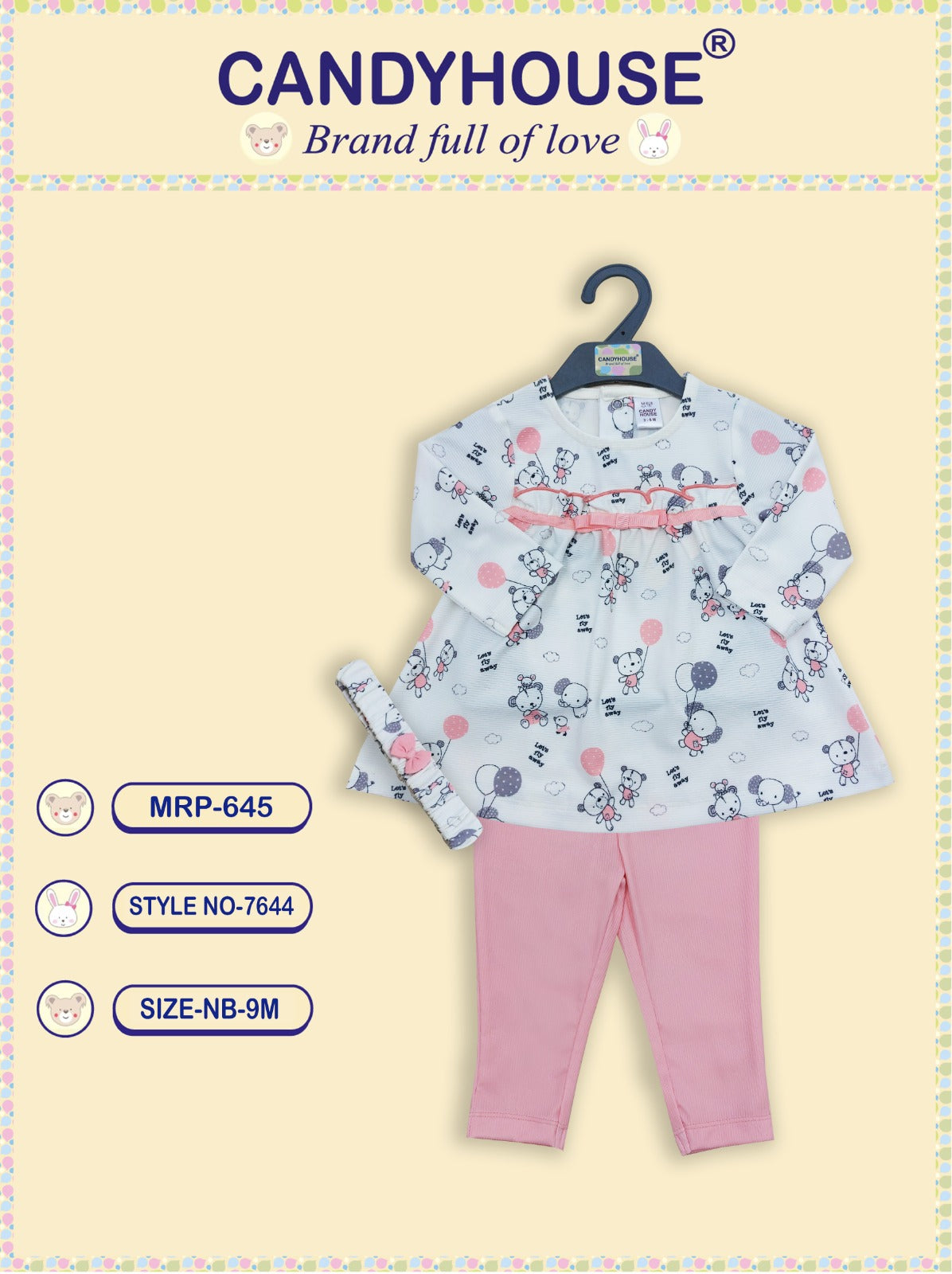 CandyHouse Interlock Knit Full Sleeves Teddy Printed Top & Pant Set with Headband - Peach
