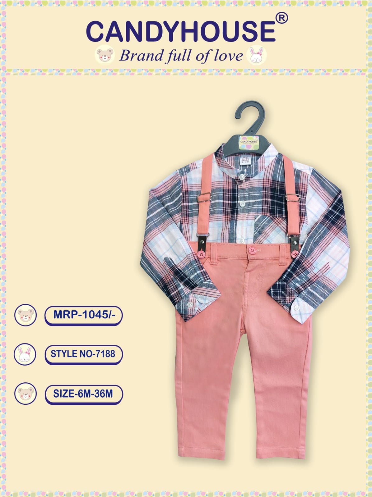 CandyHouse Full Sleeves Checked Shirt & Pant Suspender Set - Peach