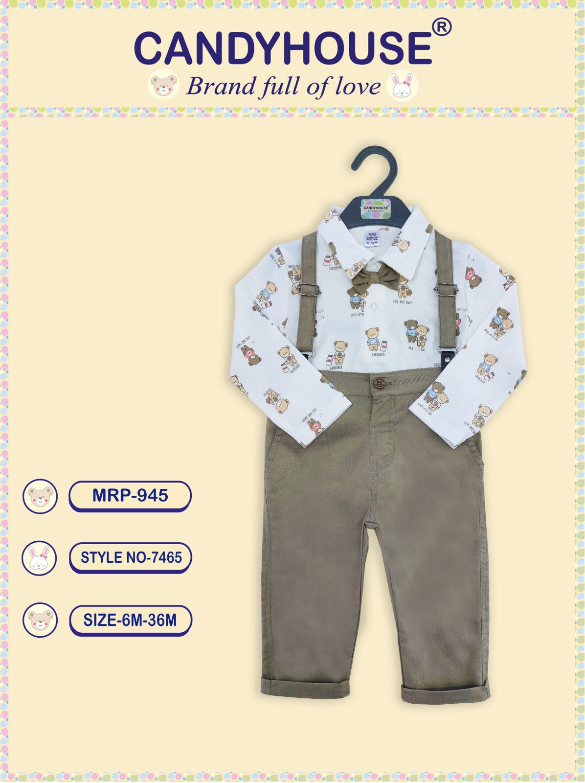 CandyHouse Full Sleeves T shirt with attached Bow & Full Pant Suspender Set - Dark Brown