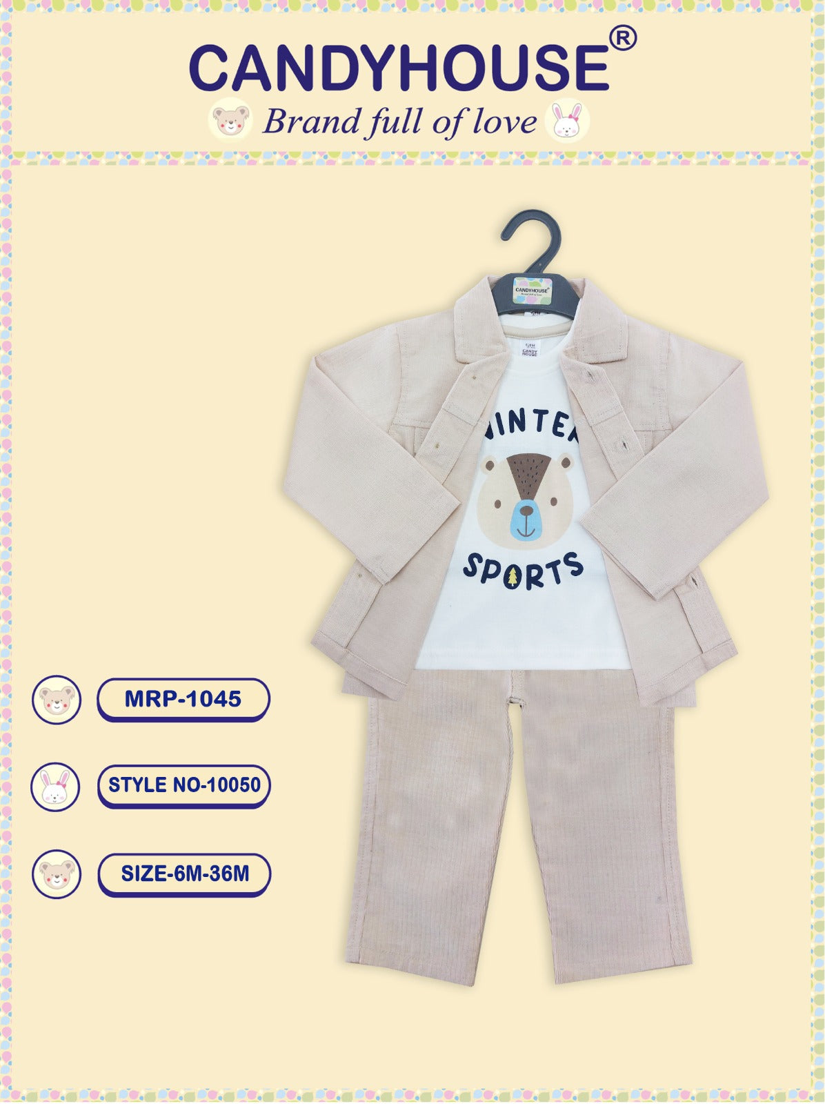 CandyHouse Corduroy Jacket, T-shirt & Full Pant Set - Beige