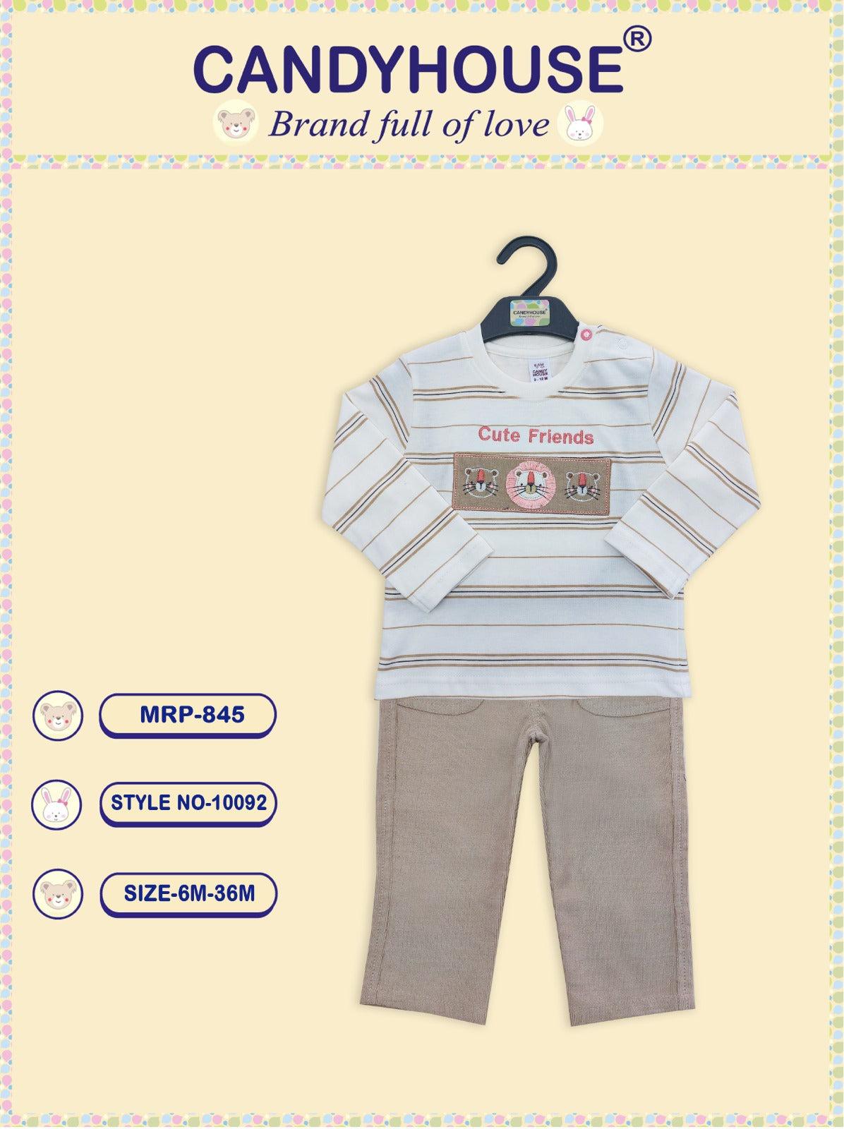 CandyHouse 100% Knitted Cotton Full Sleeves Striped T-Shirt & Woven Corduroy Pants Set With Animal Embroidery - Beige & White