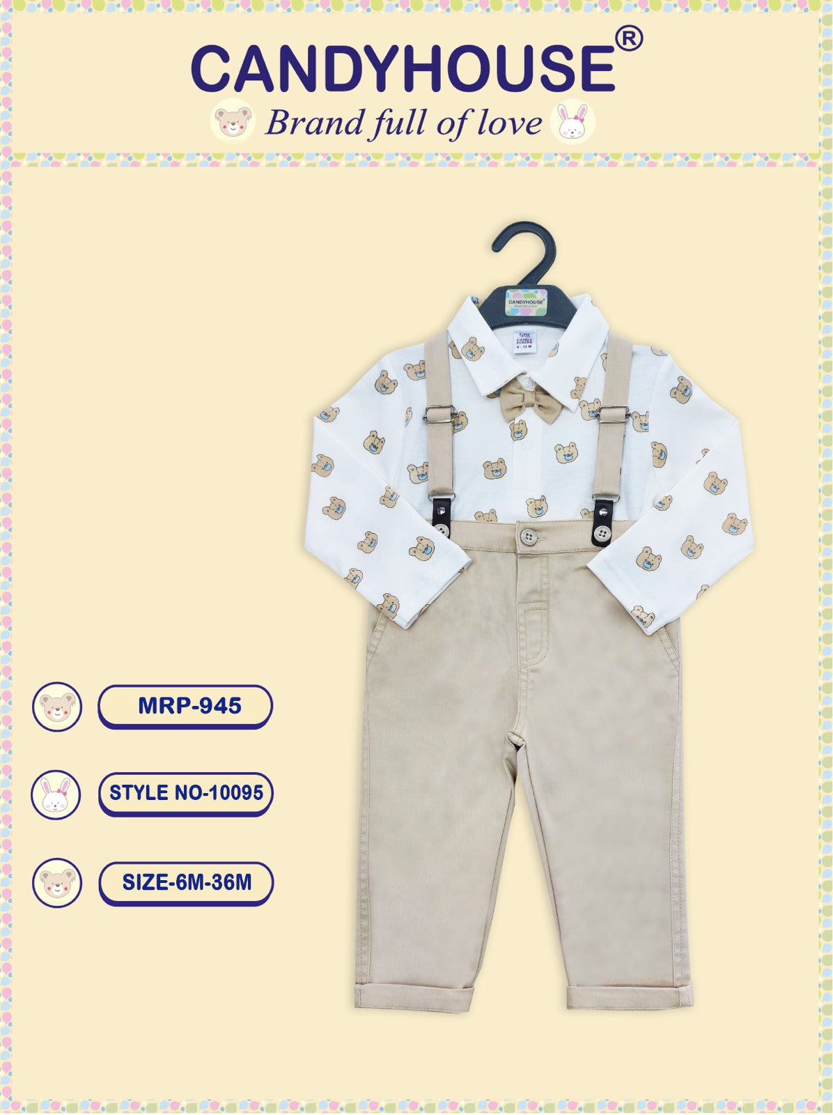 CandyHouse Full Sleeves T shirt with attached Bow & Full Pant Suspender Set - Light Beige