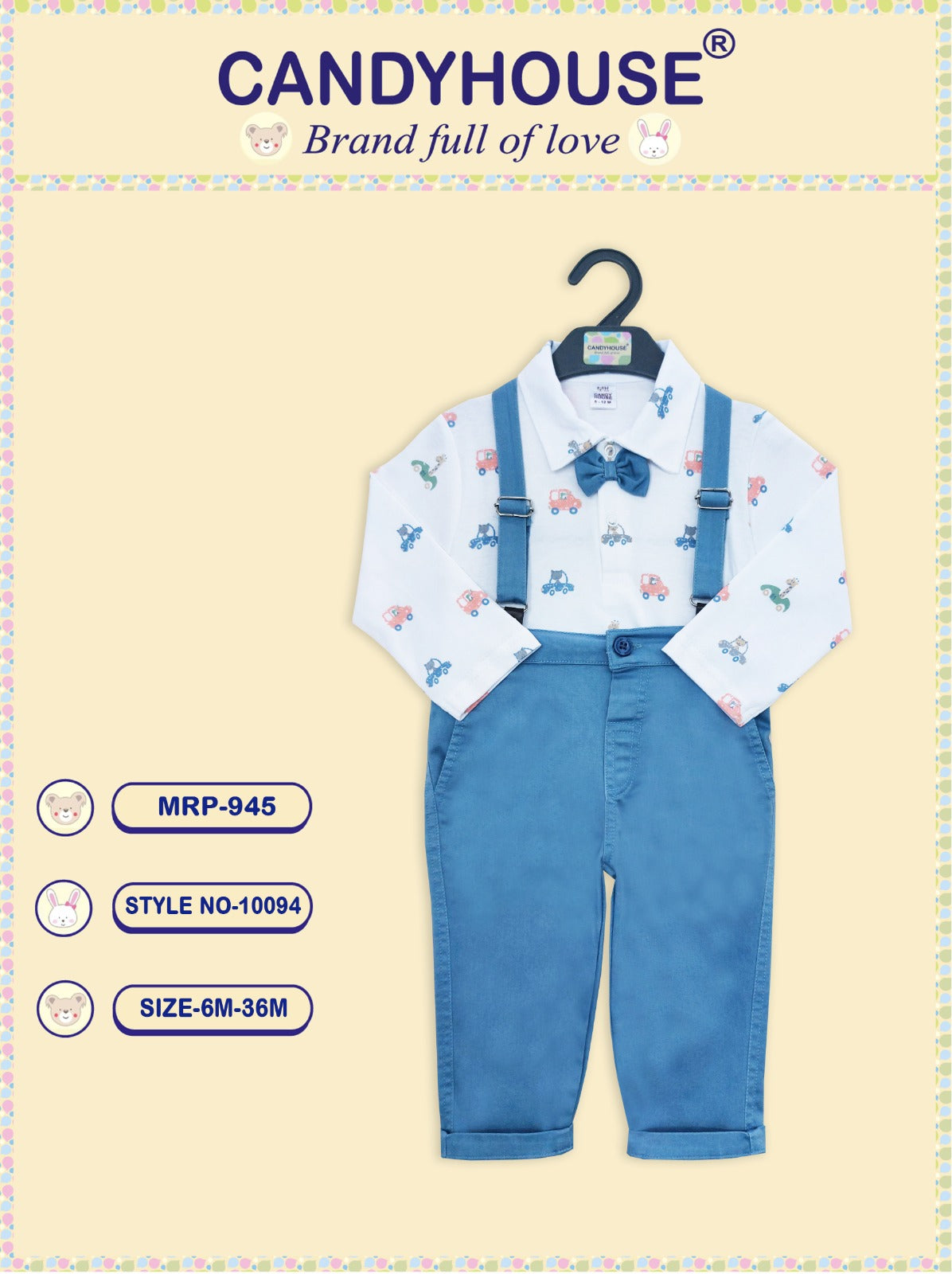 CandyHouse Full Sleeves T shirt with attached Bow & Full Pant Suspender Set - Dark Blue