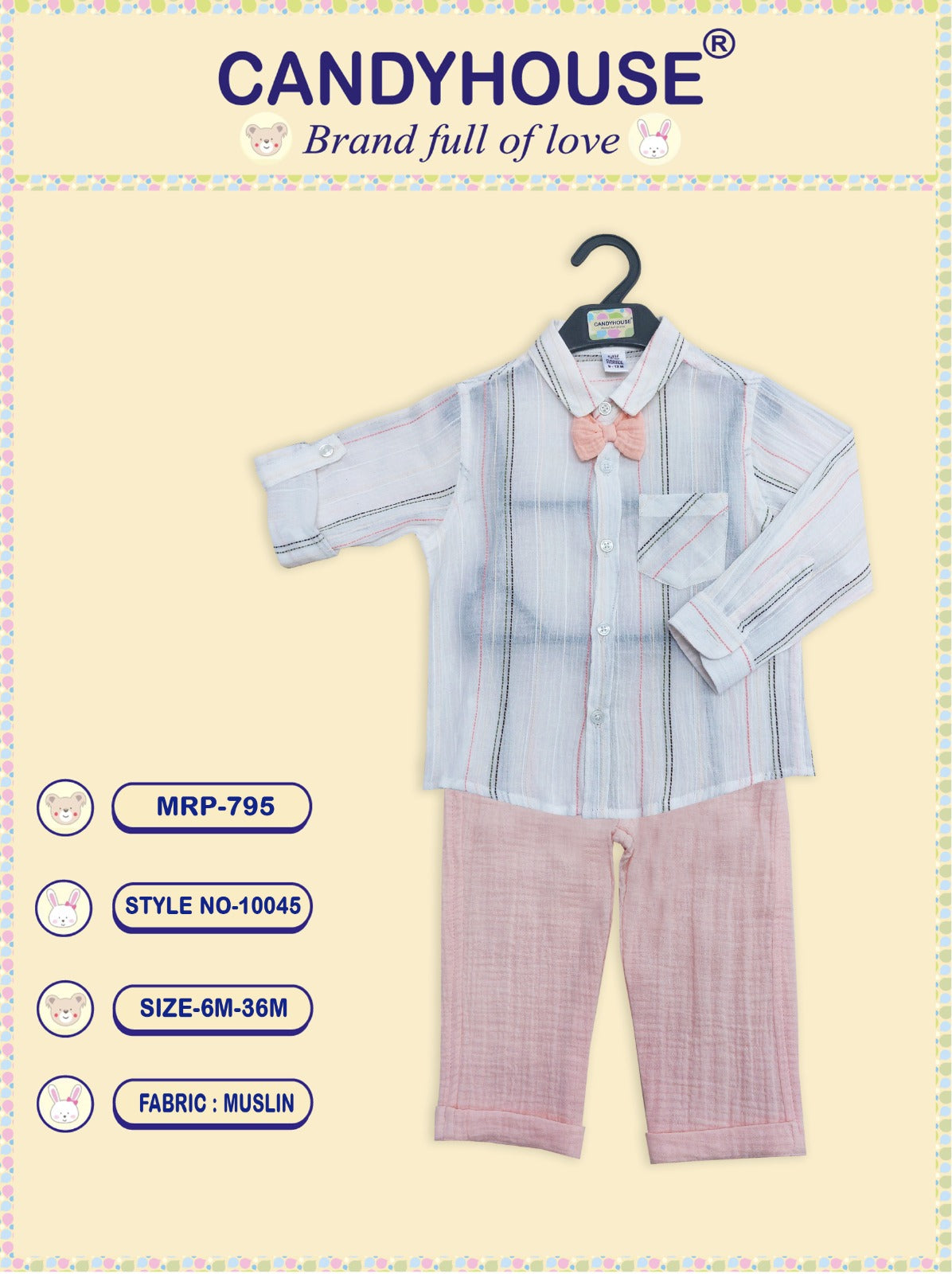 CandyHouse Cotton Muslin Striped Shirt with Bow and Pocket & Trouser Pant Set - Peach