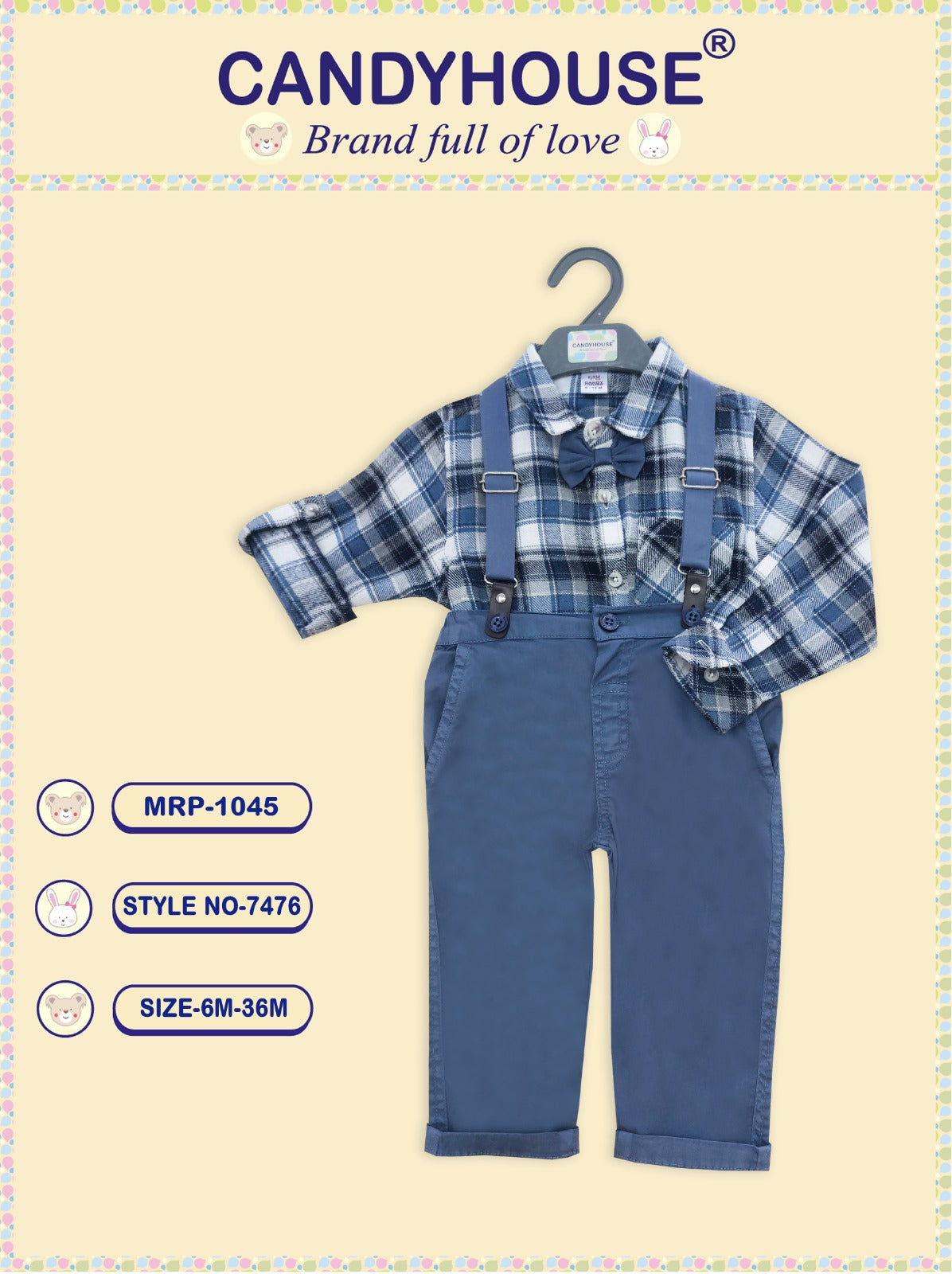 CandyHouse Full Sleeves Checked Shirt with attached Bow & Pant Suspender Set - Ink Blue