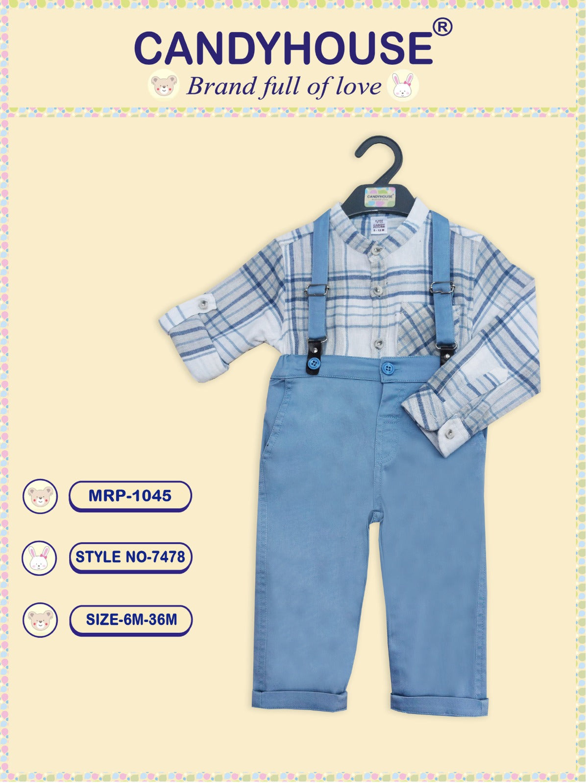 CandyHouse Full Sleeves Checked Shirt & Pant Suspender Set - Blue