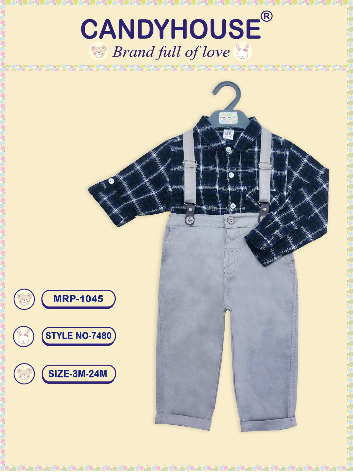 CandyHouse Full Sleeves Checked Shirt & Pant Suspender Set - Grey