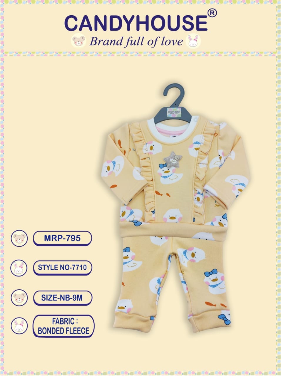 CandyHouse Woven Bonded Fleece Full Sleeves Winter Wear T shirt & Lounge Pant Set with Bird Print - Yellow