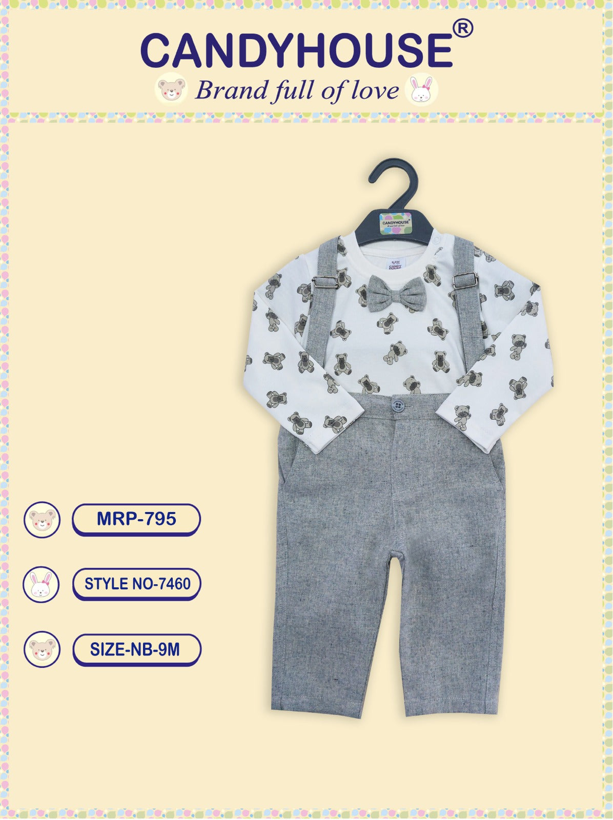 CandyHouse Full Sleeves Teddy Print T-Shirt with bow & Trouser Set With Suspender - Milange Grey