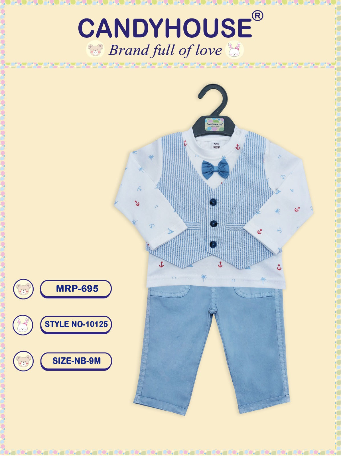 CandyHouse Knitted Cotton Full Sleeves T-Shirt with Attached Jacket and Bow & Woven Pants Set - White & Sky Blue