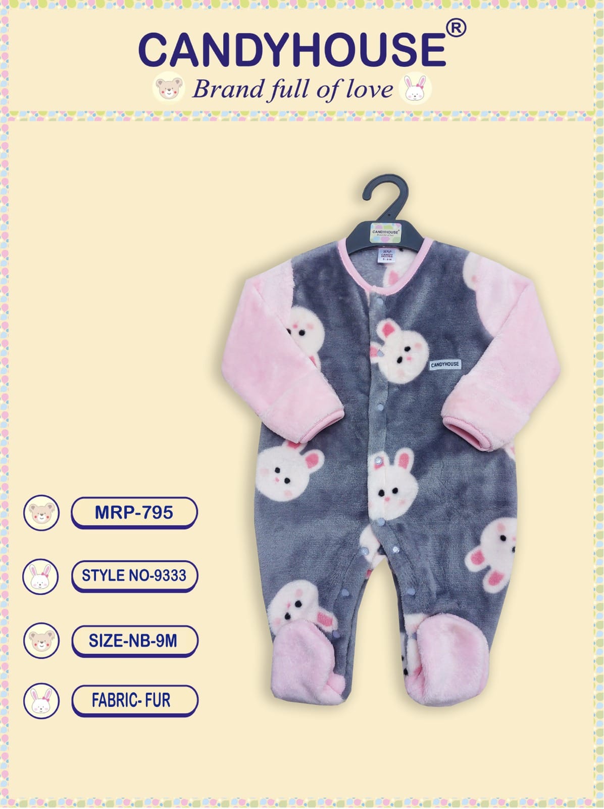 CandyHouse Full Sleeves Front Open Winter Wear Fur Romper with Teddy Print - Pink/Grey