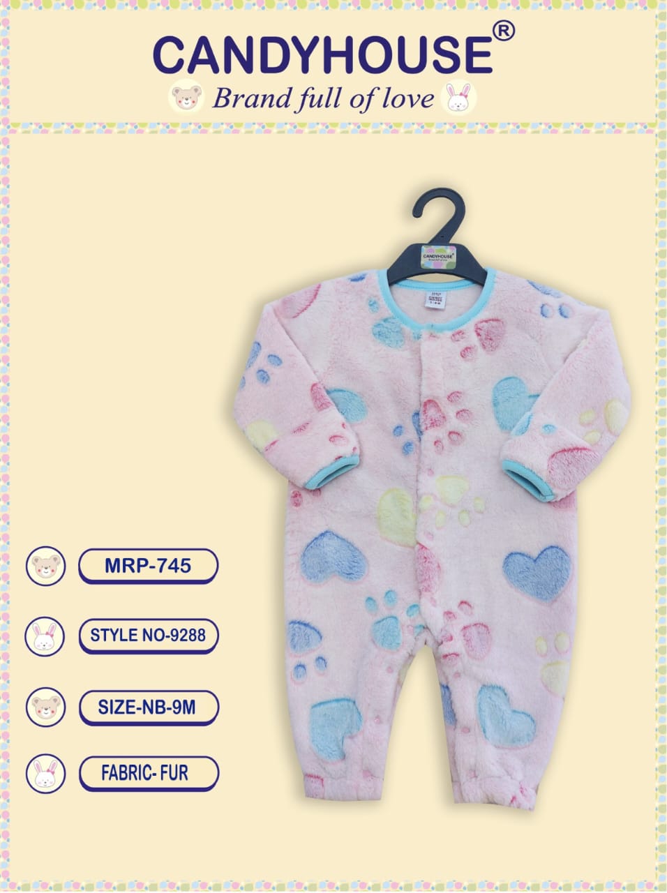 CandyHouse Full Sleeves Front Open Winter Wear Fur Romper with Heart and Hand Print - Pink/Blue